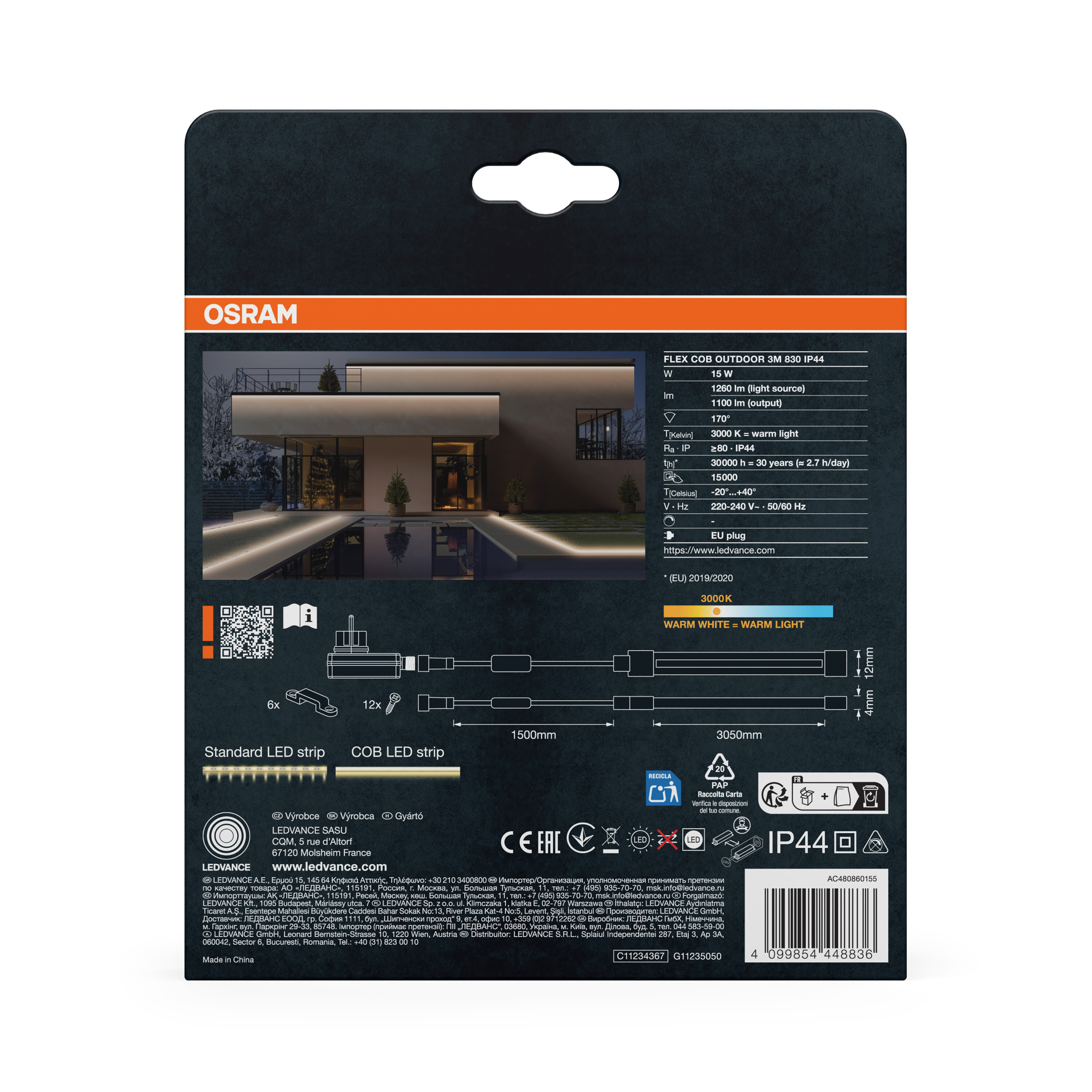 Osram LED-Streifen-Verpackung mit Haus- und Produktabbildung.