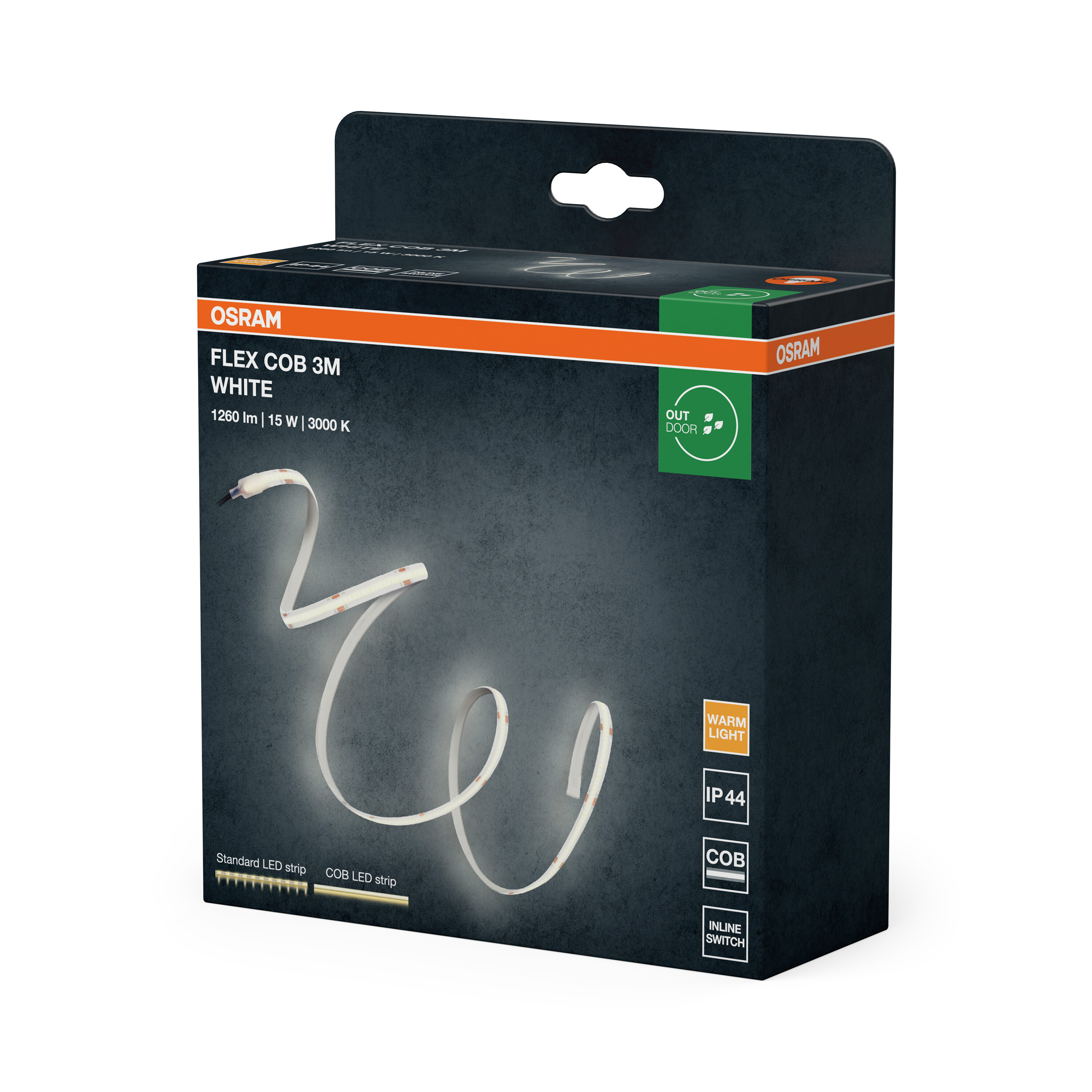 Osram Flex COB 3M Weiß LED-Streifen auf dunklem Karton mit Produktinformationen.