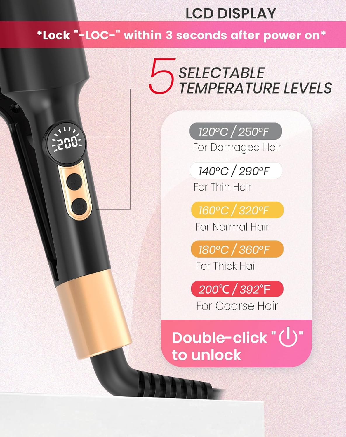 Haarglätter mit LCD-Display zeigt 200°C an, 5 Temperatureinstellungen für verschiedene Haartypen.