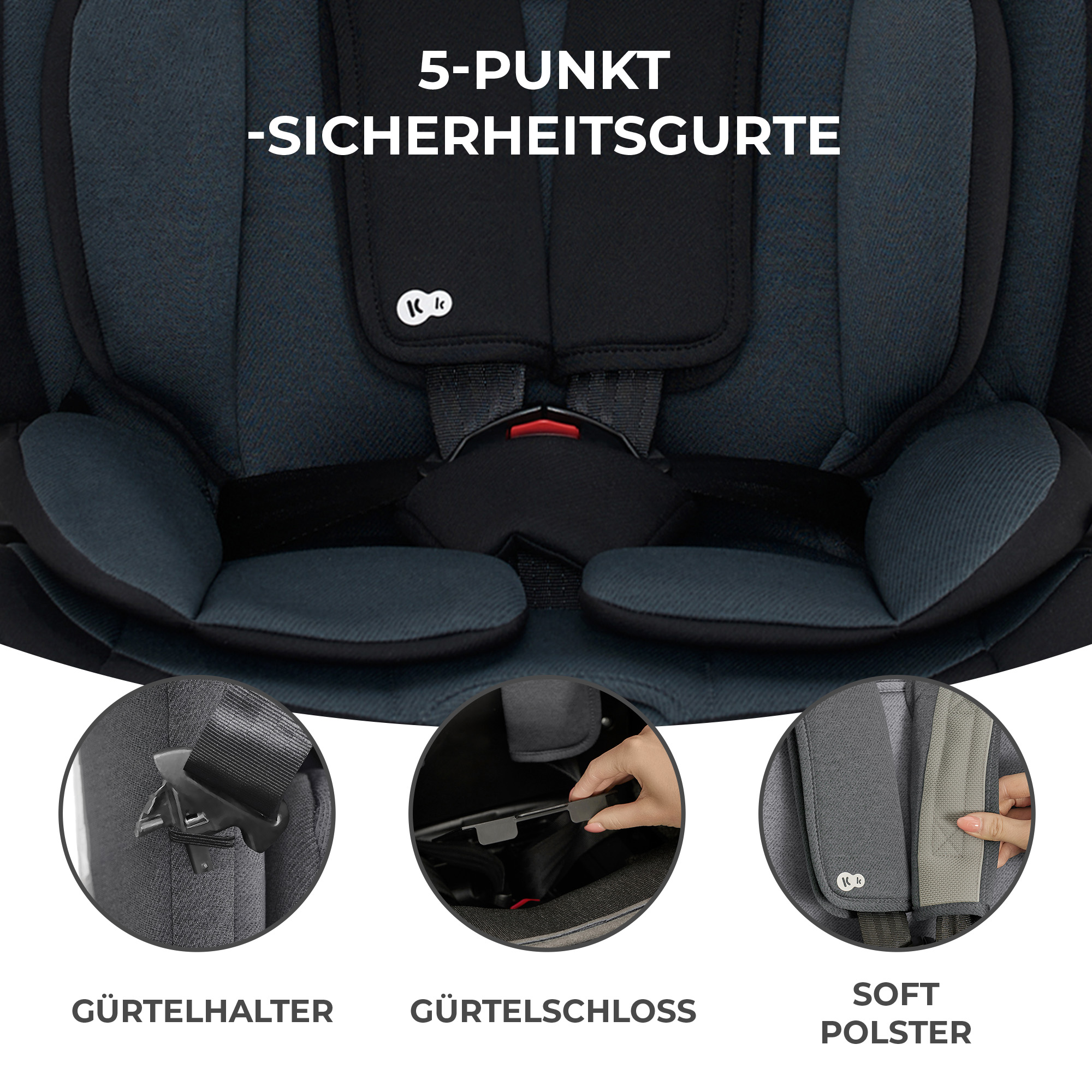 Nahaufnahme eines Kinderautositzes mit 5-Punkt-Gurten und Details.