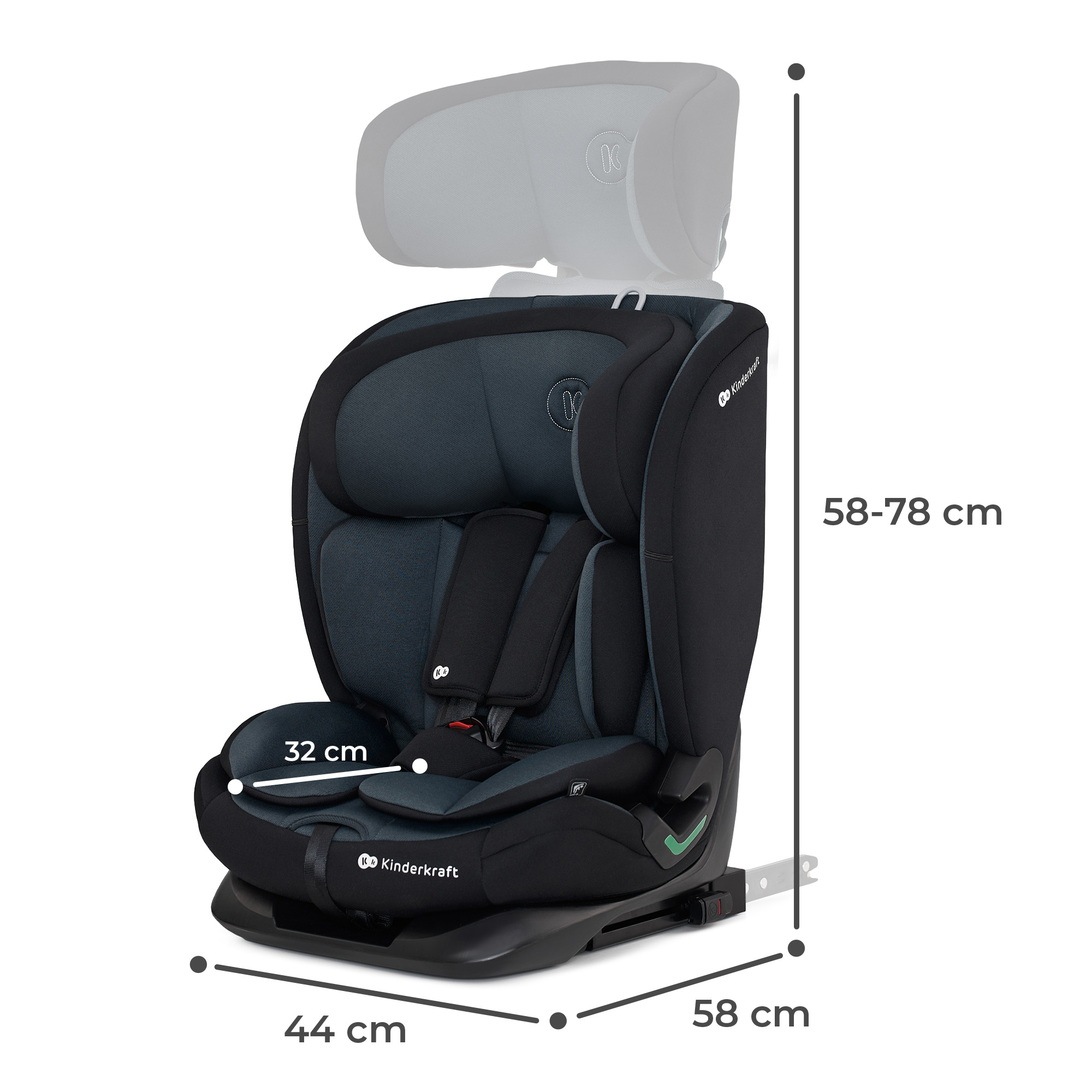 Ein dunkelgrauer Kindersitz mit verstellbarer Kopfstütze und Gurten. Maße sind angegeben.