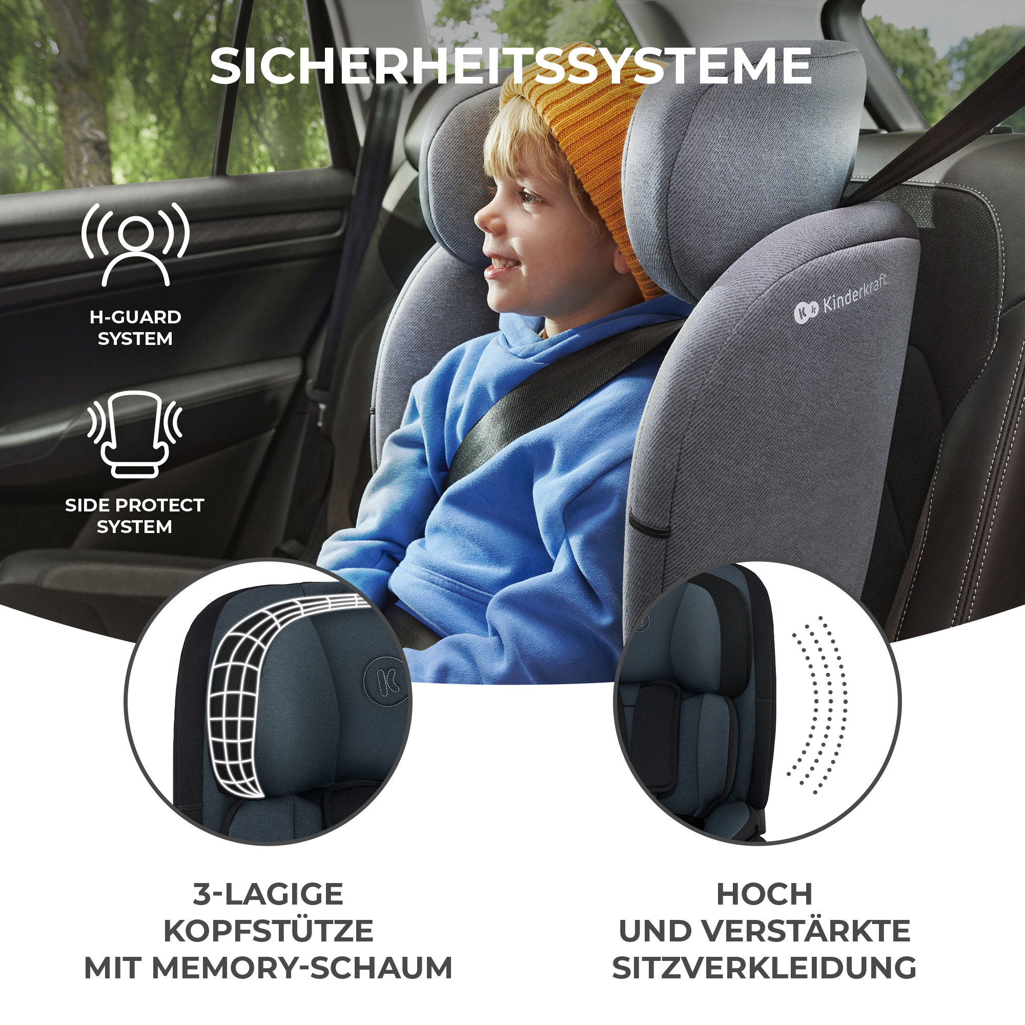 Kind in Kindersitz mit H-Guard und Side Protect System.