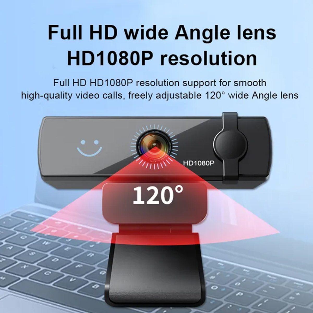 Eine HD-Webcam mit 120°-Weitwinkelobjektiv und HD1080P-Auflösung auf einer Tastatur.