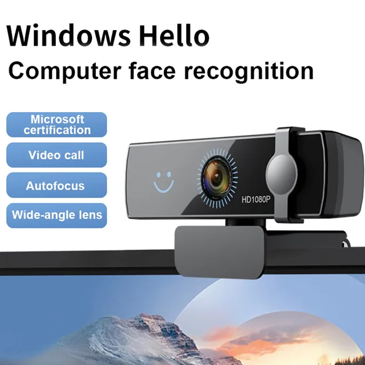 Webcam mit Windows Hello, HD1080P, lächelndem Gesicht und blauen Beschriftungen.