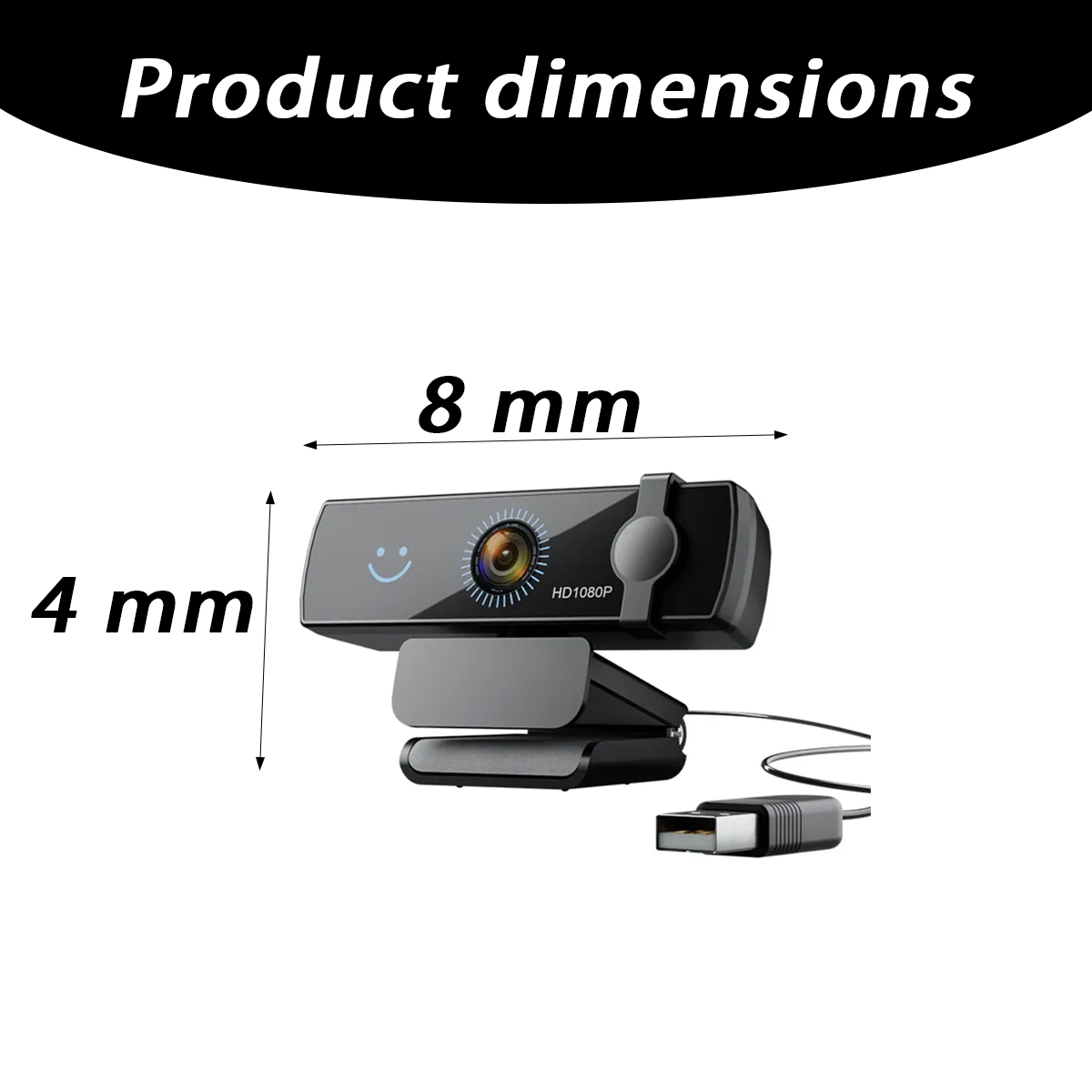 Webcam mit 8 mm Breite und 4 mm Höhe, mit USB-Anschluss.