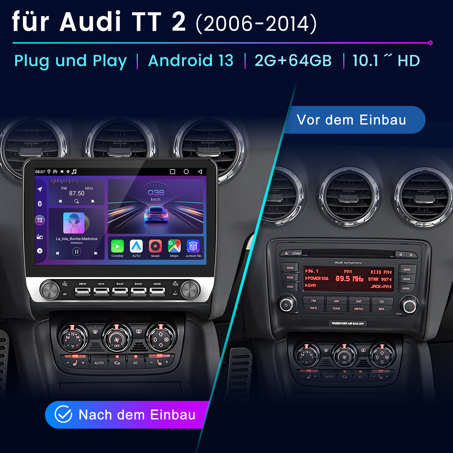 Vergleich eines Audi TT 2 Infotainmentsystems vor und nach dem Einbau.