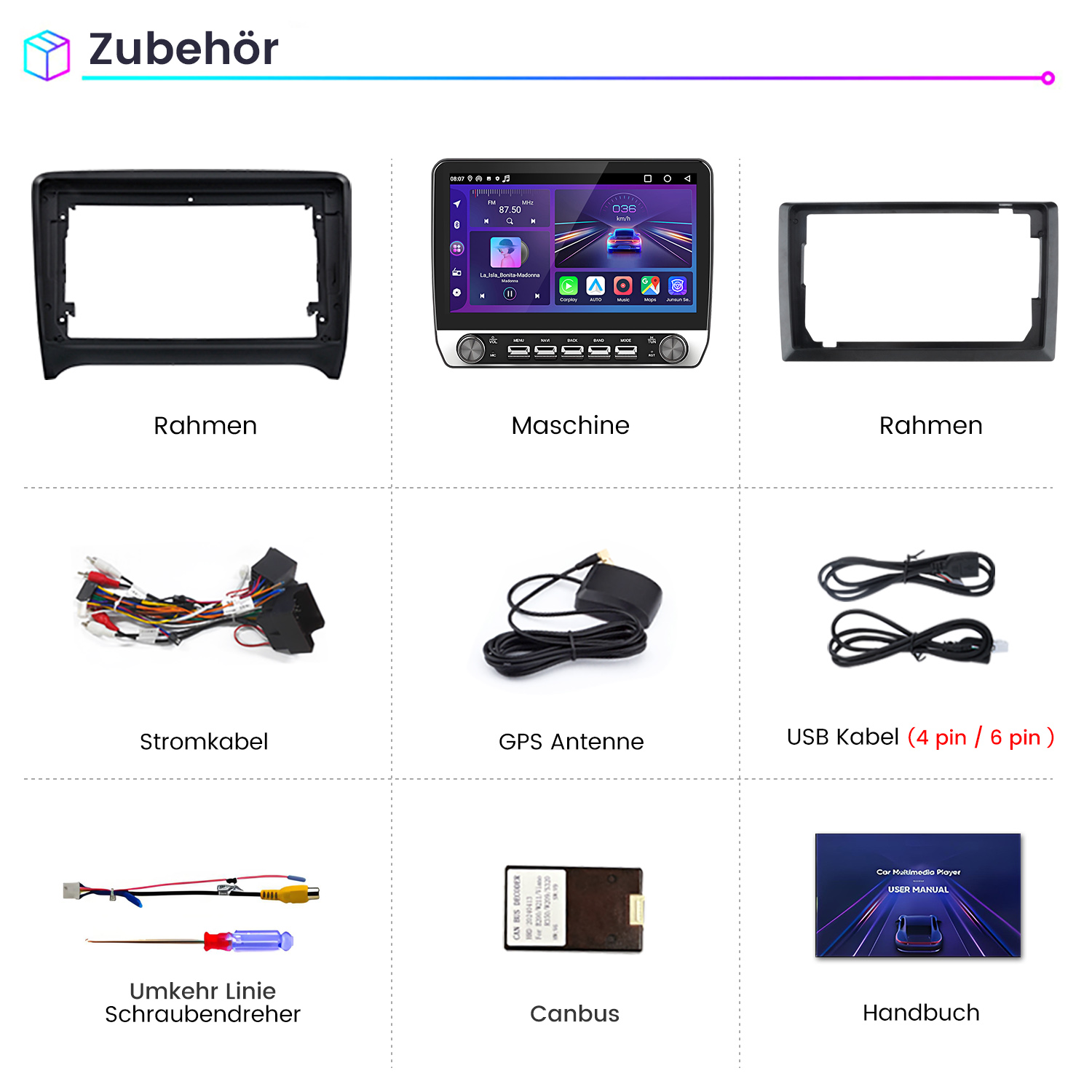 Autozubehör: Rahmen, Maschine, Kabel, GPS-Antenne, USB-Kabel, Schraubendreher, CAN-Bus, Handbuch.
