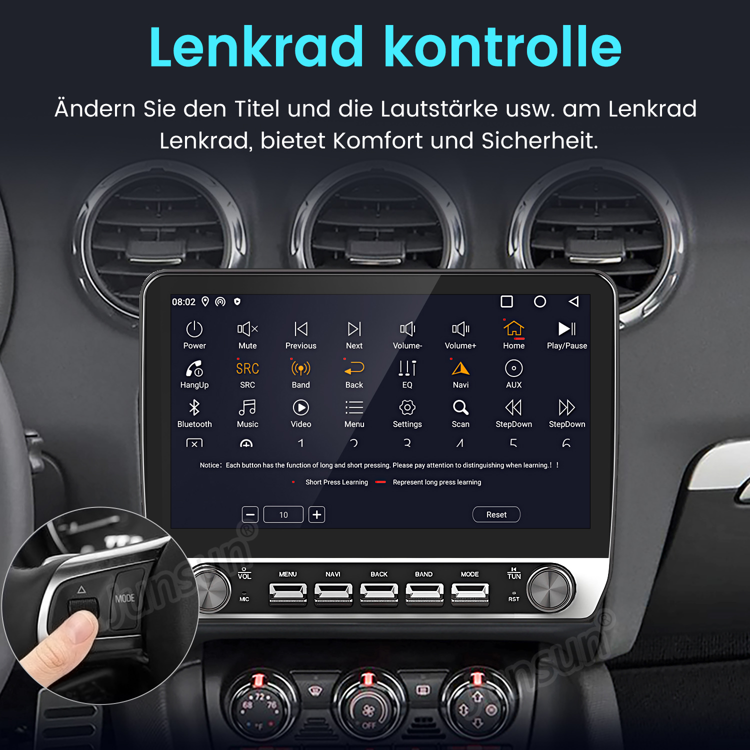 Bedienfeld eines Autos mit Touchscreen und Lenkradtasten, die auf dem Bildschirm angezeigt werden.