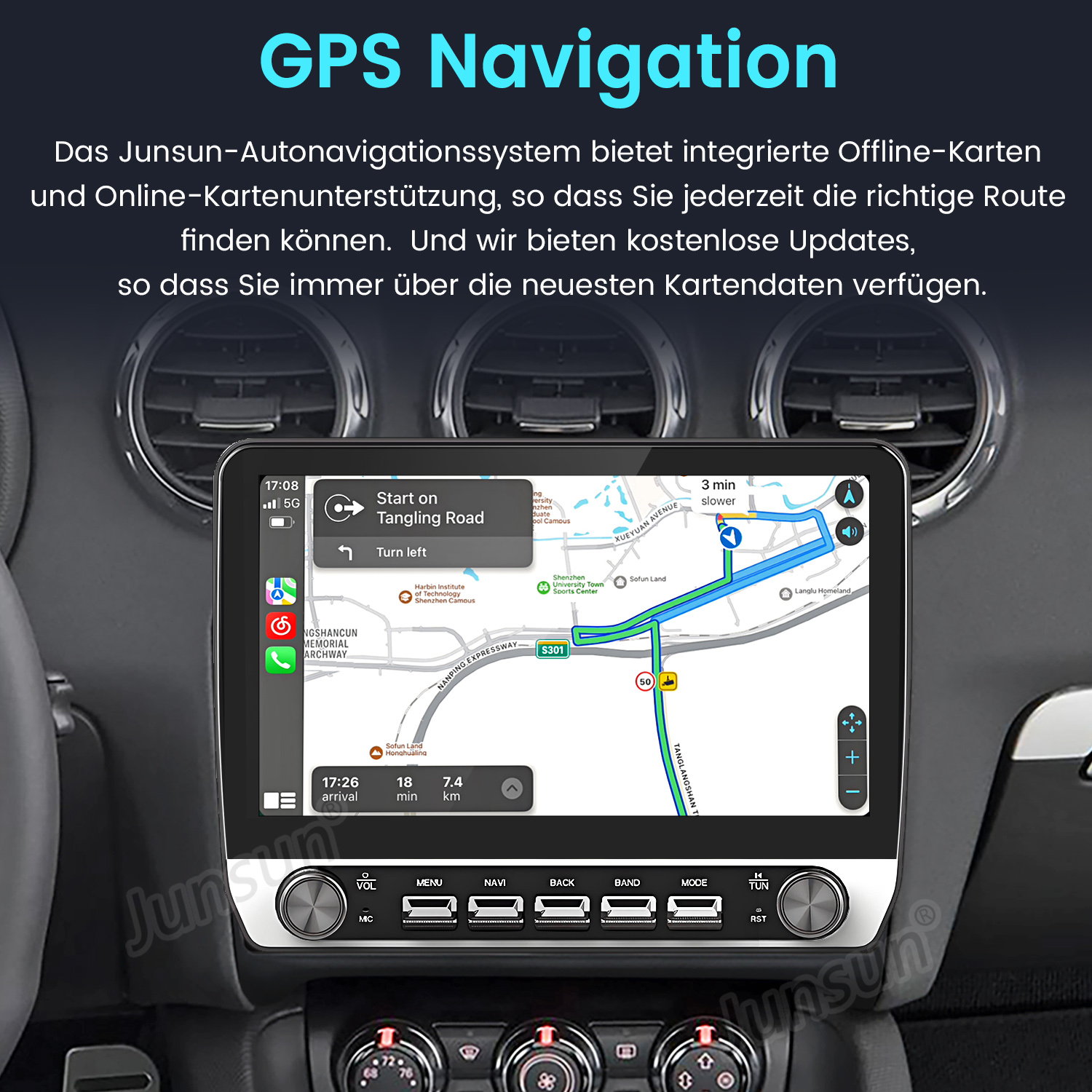 Ein Auto-Navigationssystem mit Karte zeigt eine Route an.