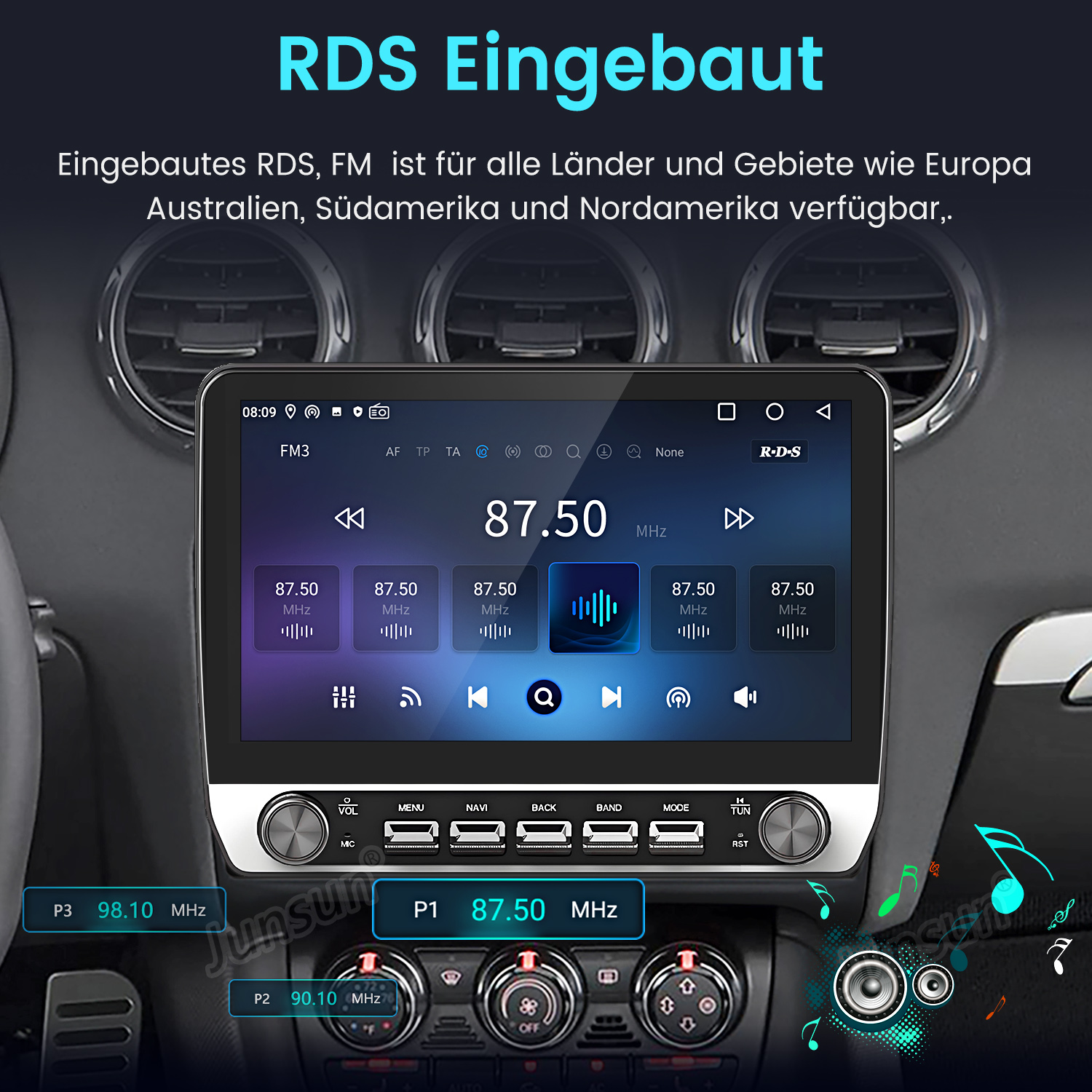 Ein Autoradio-Bildschirm zeigt 87.50 MHz FM an, mit Bedienknöpfen darunter.