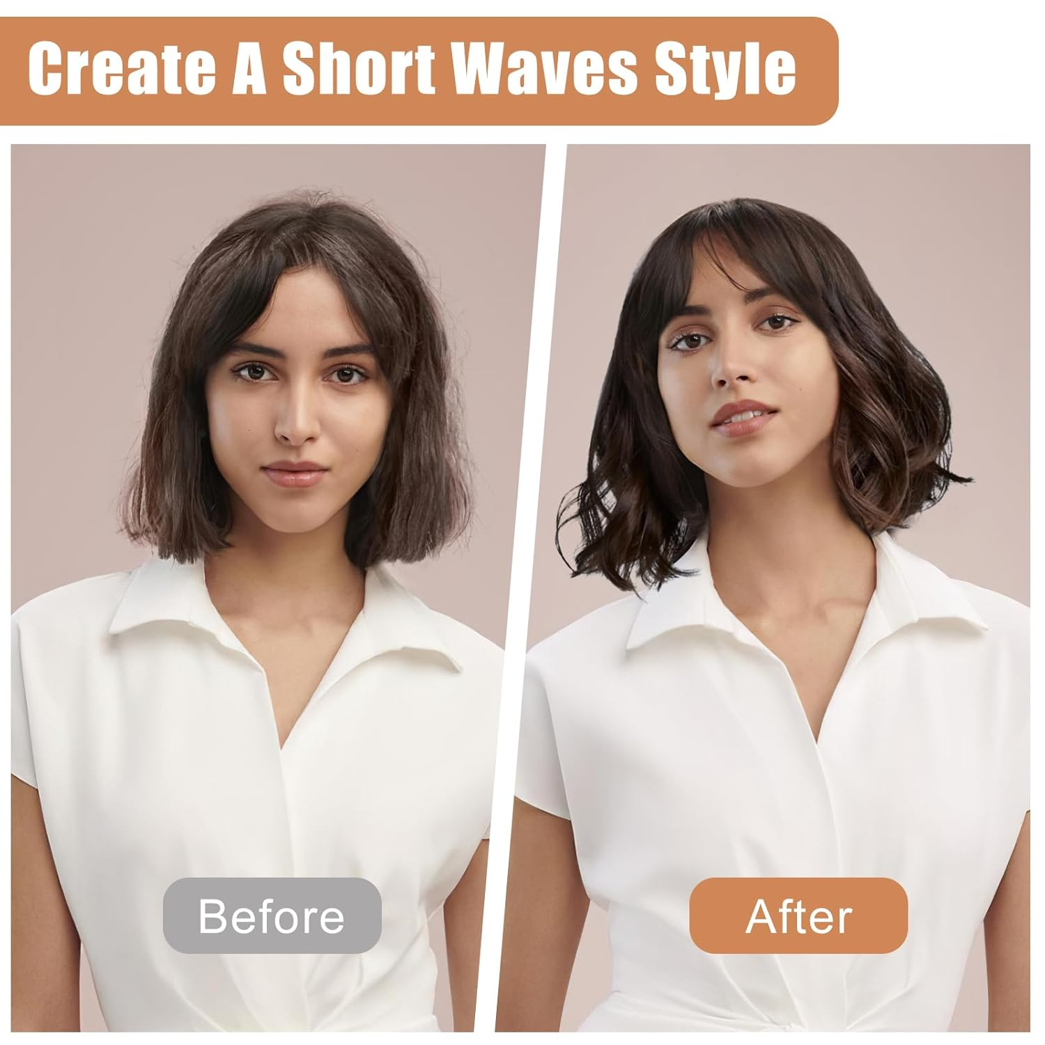 Frau mit kurzen Haaren vor und nach dem Styling mit Wellen.