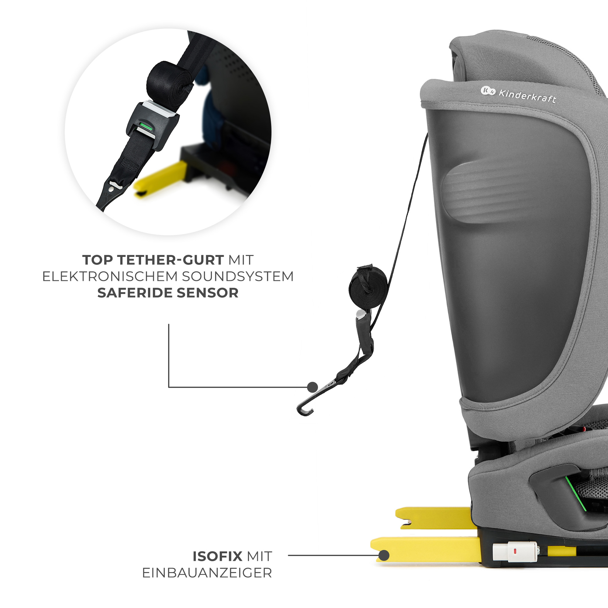 Grauer Kindersitz mit gelben Isofix-Armen und schwarzem Gurt. Nahaufnahme des Gurtschlosses.