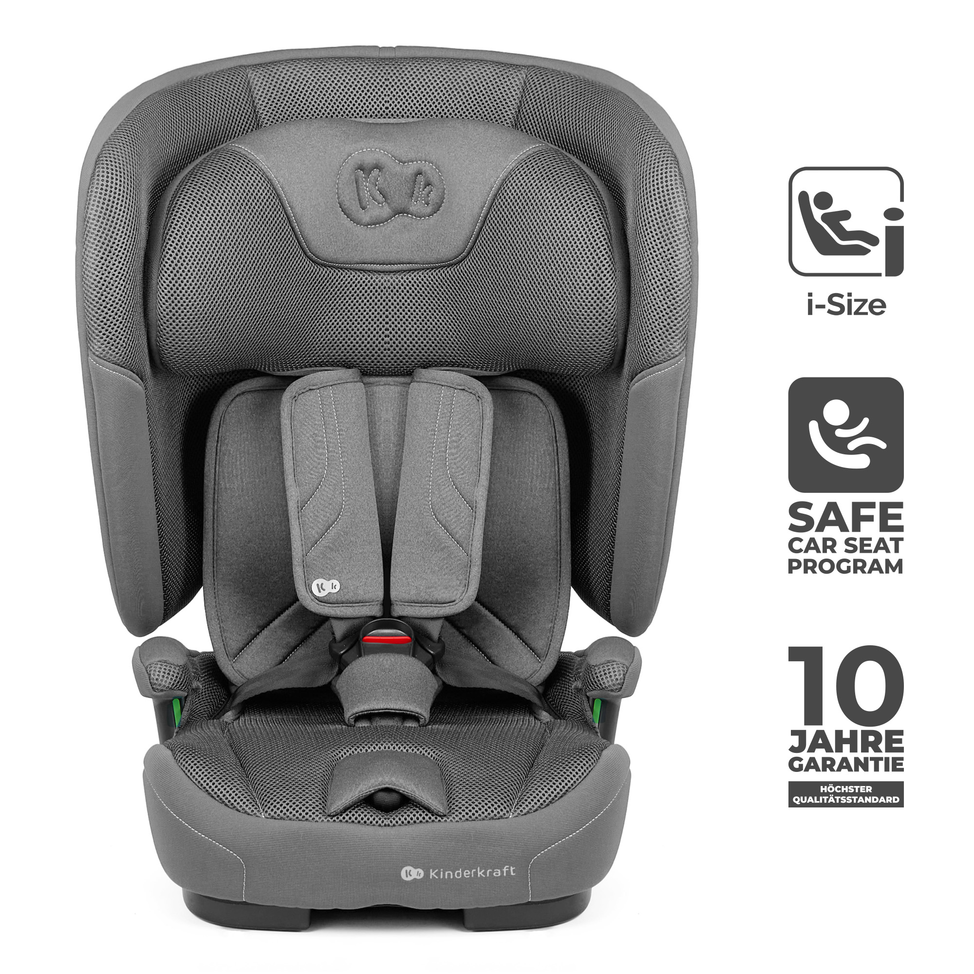 Grauer Kindersitz mit 5-Punkt-Gurt und Kopfstütze. Logos: i-Size, Safe Car Seat Program, 10 Jahre Garantie.