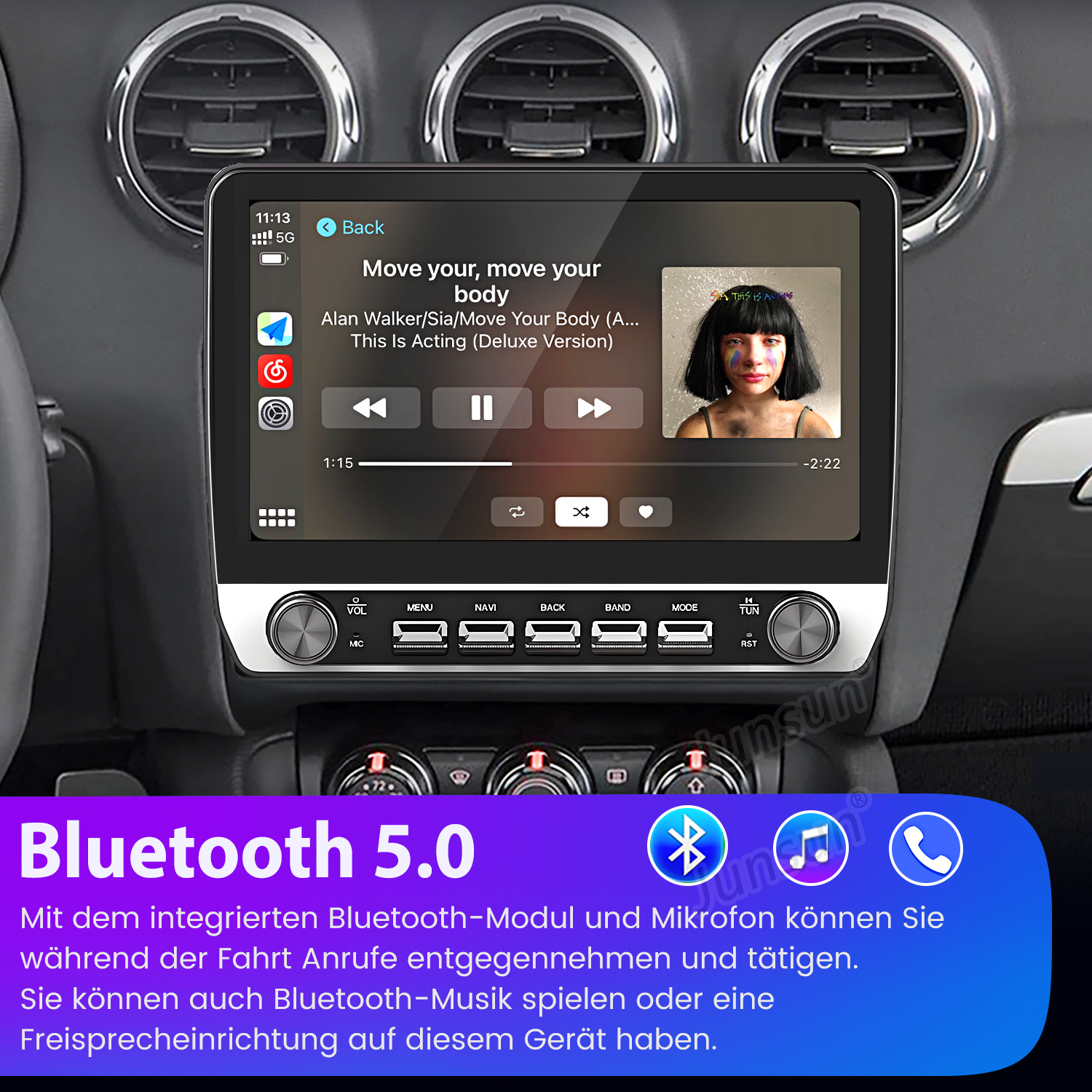 Ein Auto-Infotainment-Bildschirm zeigt Musikwiedergabe mit Albumcover und Steuerelementen.