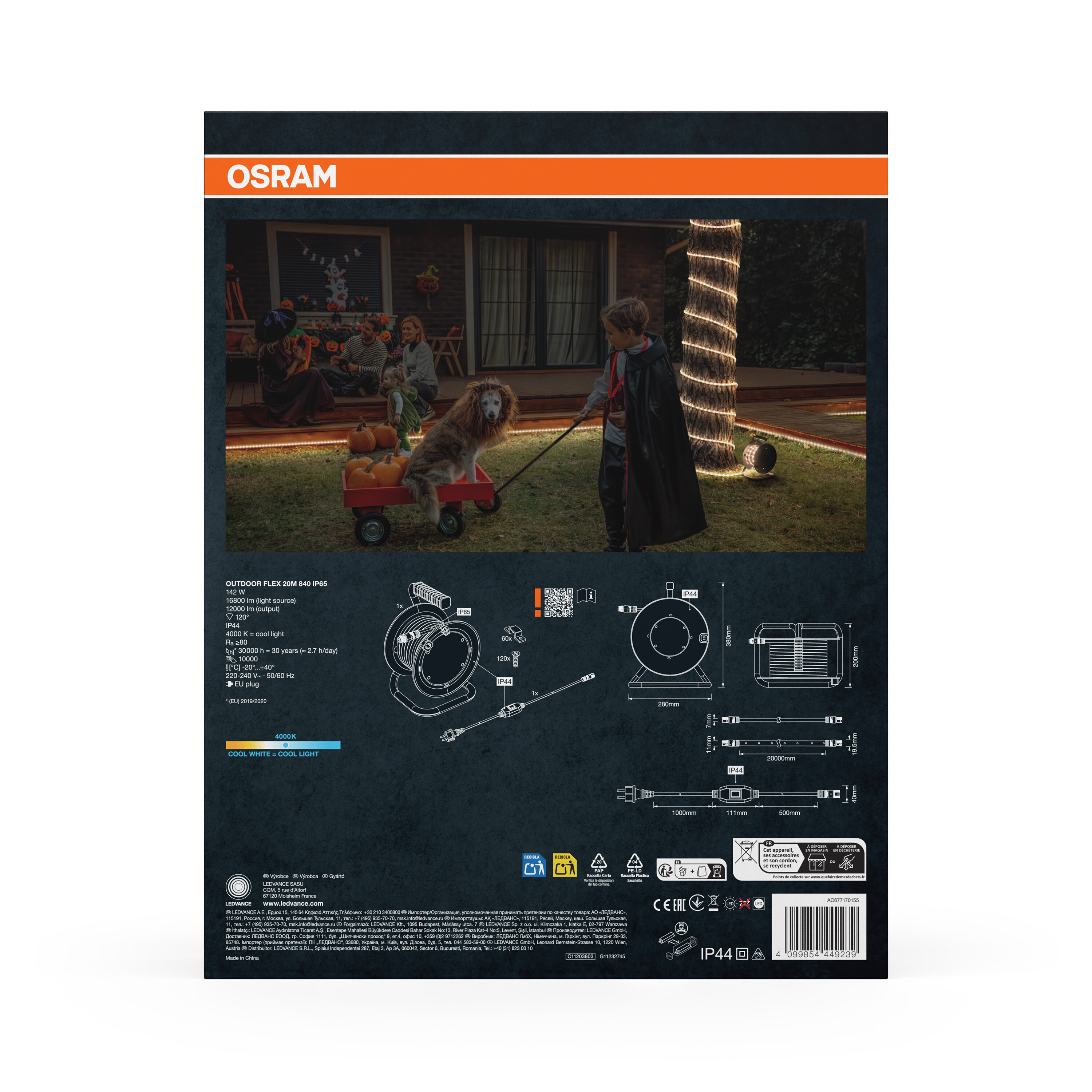 Osram-Verpackung mit Nachtszene: Kinder, Hund im Wagen, Kürbisse und Lichterkette.