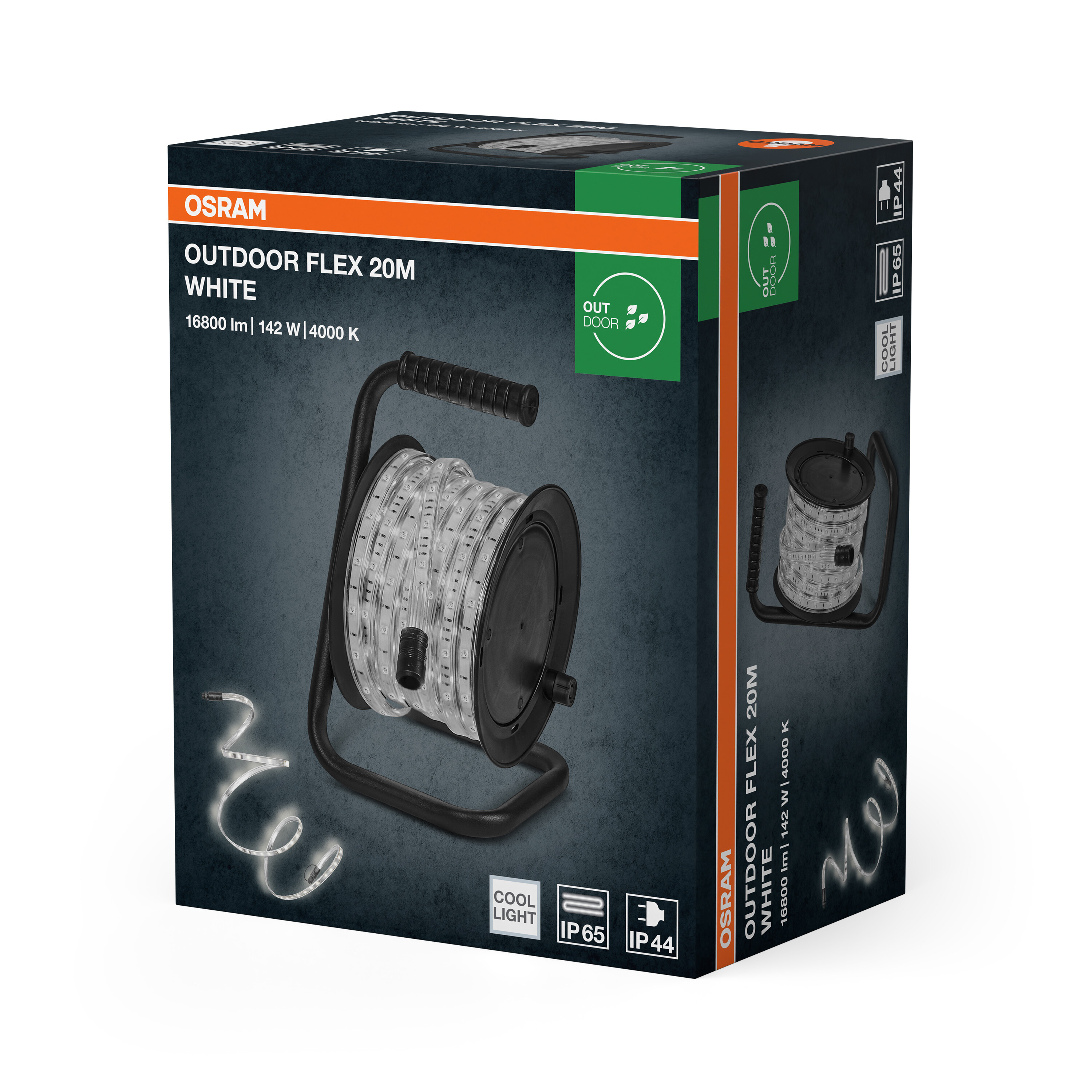 Osram Outdoor Flex 20M Weiß LED-Streifen auf Spule mit schwarzem Gestell.