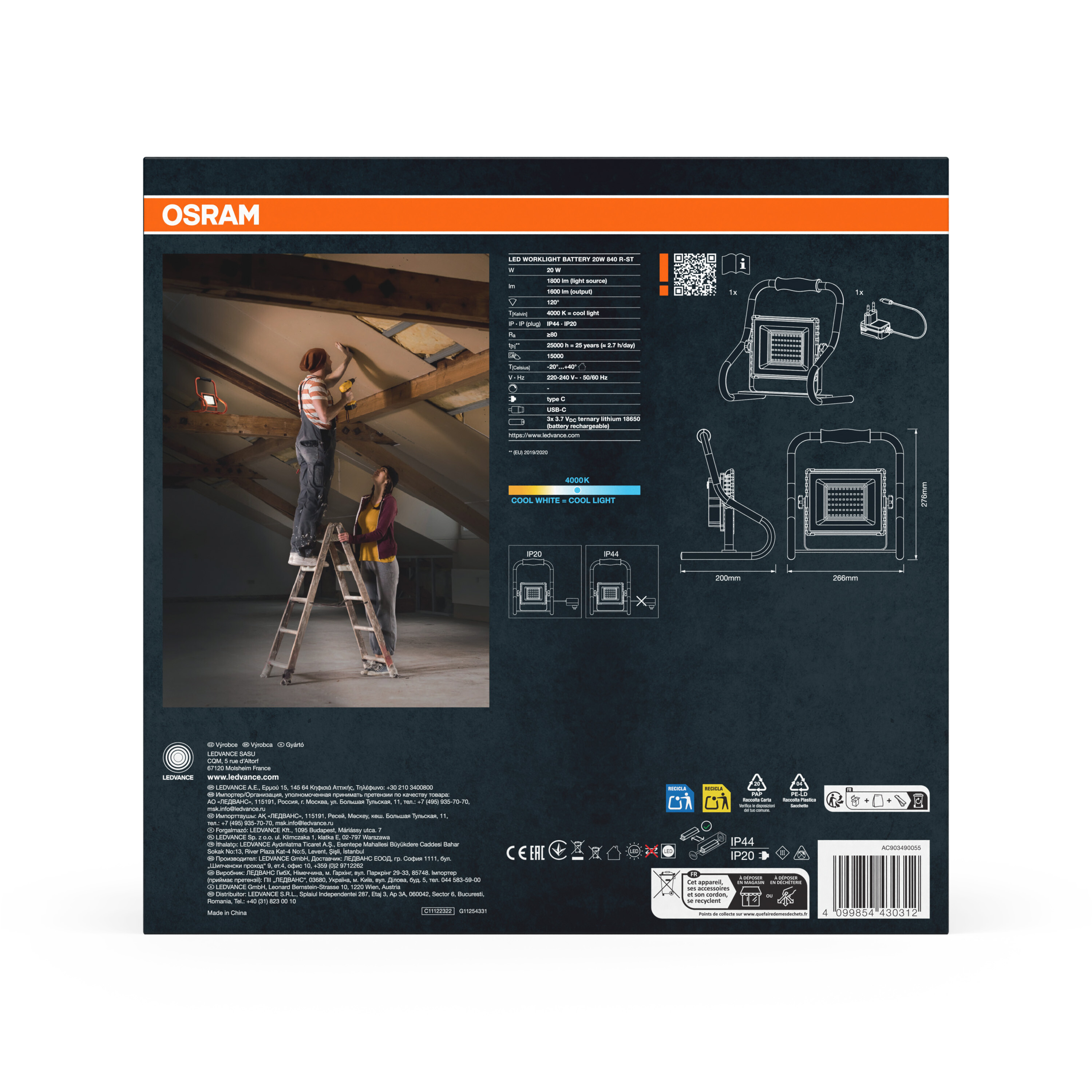 Osram LED-Arbeitsleuchte mit Akku, 20W, 4000K, IP44/IP20, mit Zubehör.