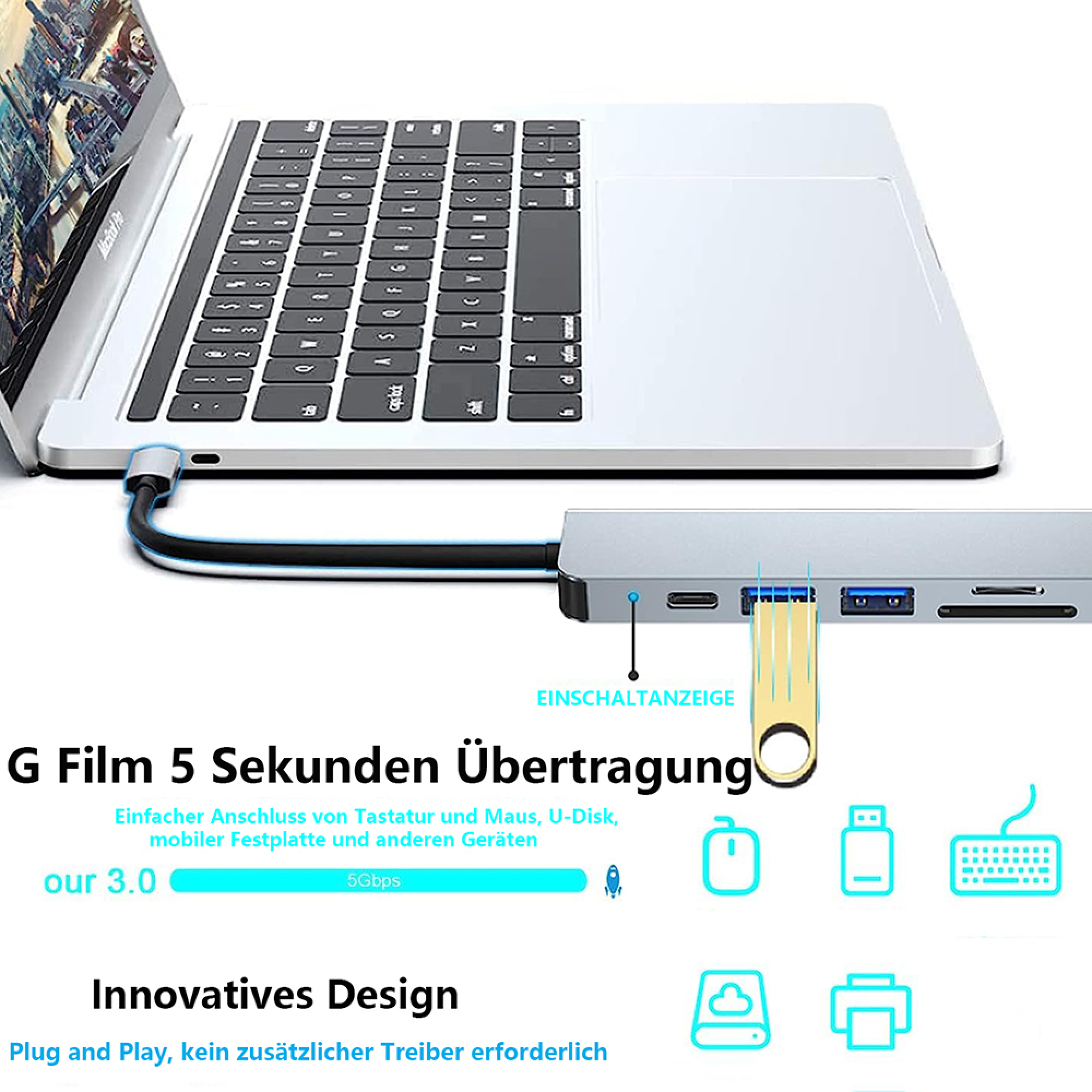 Ein USB-C-Hub wird an einen Laptop angeschlossen. Er hat Anschlüsse für USB-Geräte.