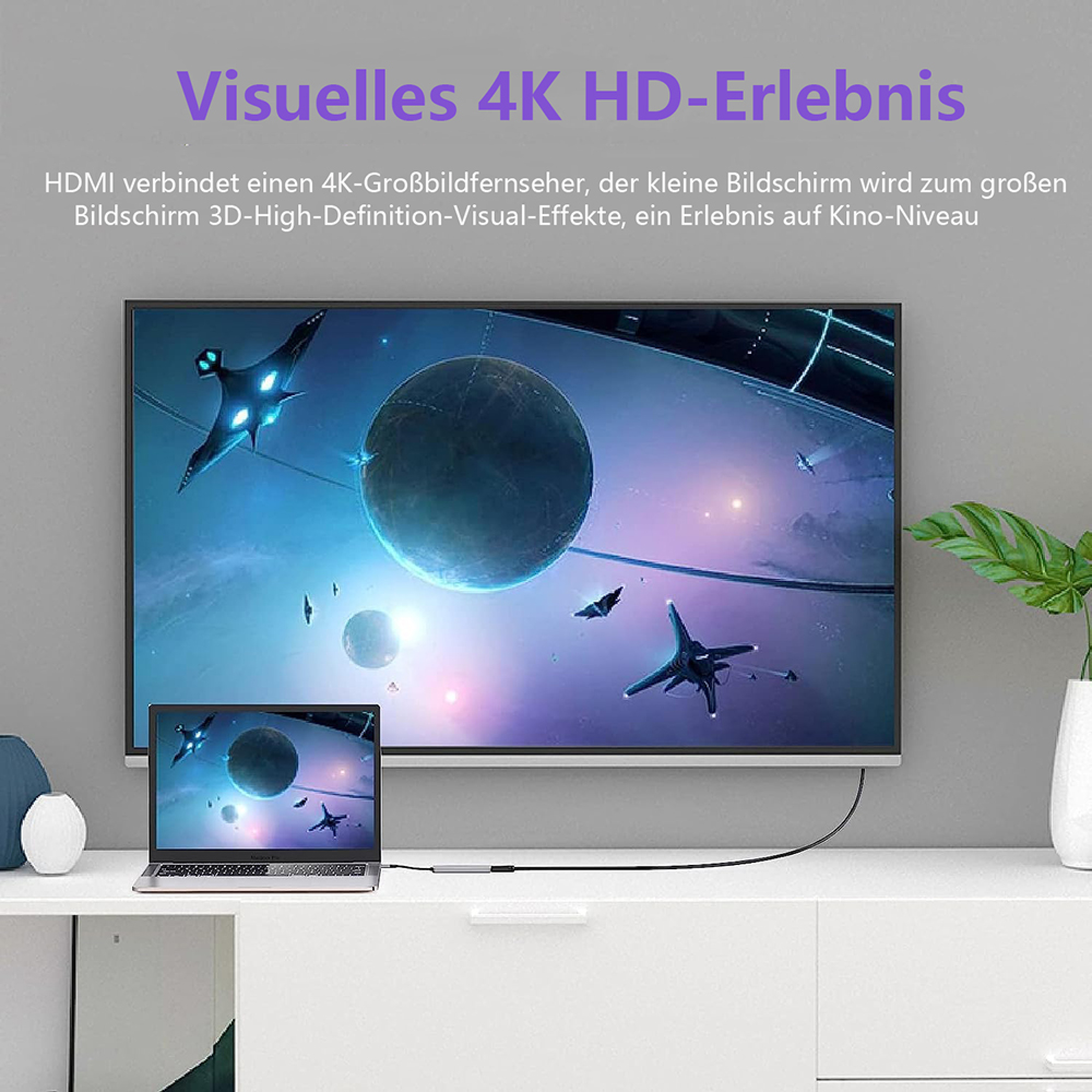 Ein Laptop zeigt eine Weltraum-Szene mit Schiffen, verbunden mit einem 4K-Fernseher.