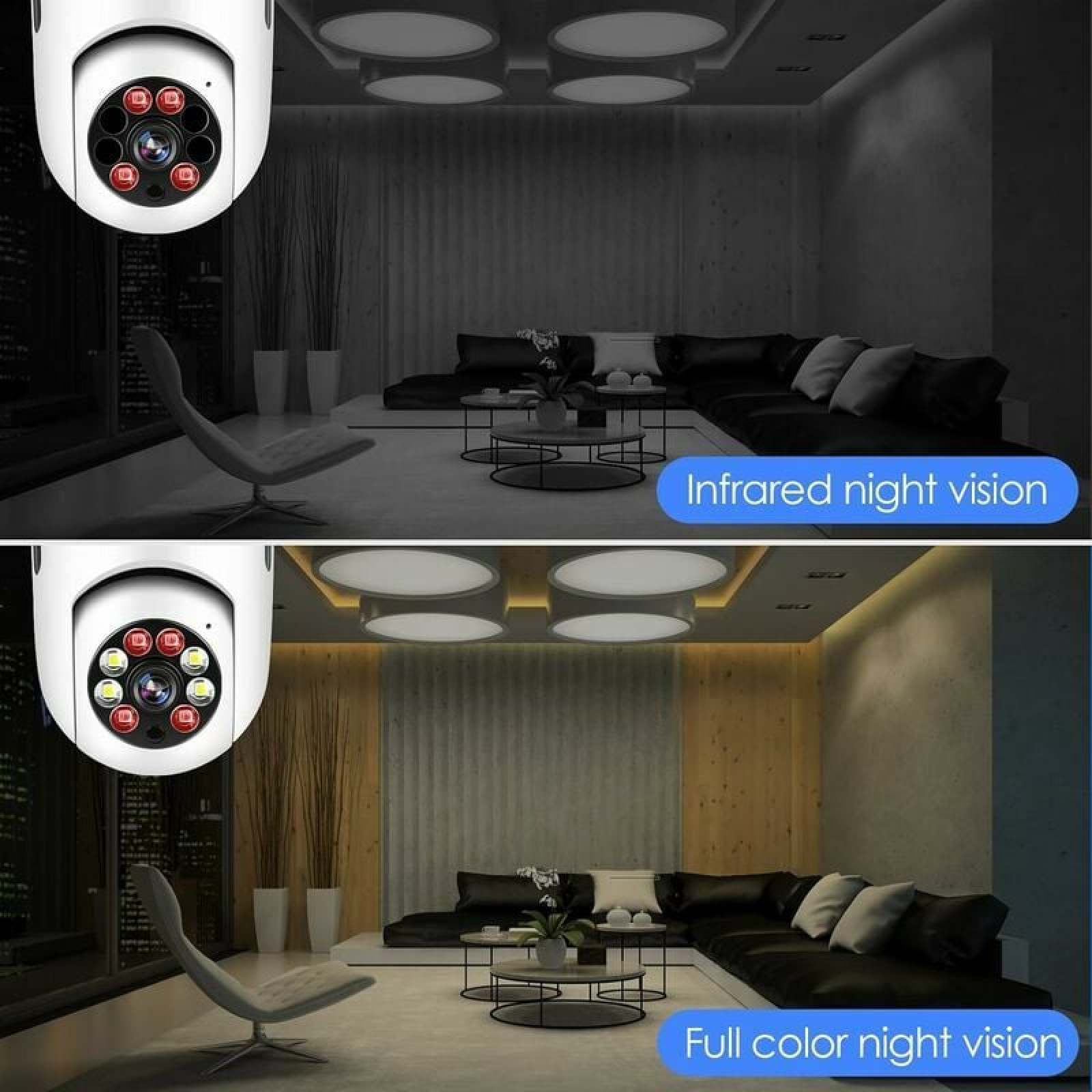 Überwachungskamera zeigt Wohnzimmer mit Nachtsicht im oberen Bild und Farbnachtsicht im unteren.
