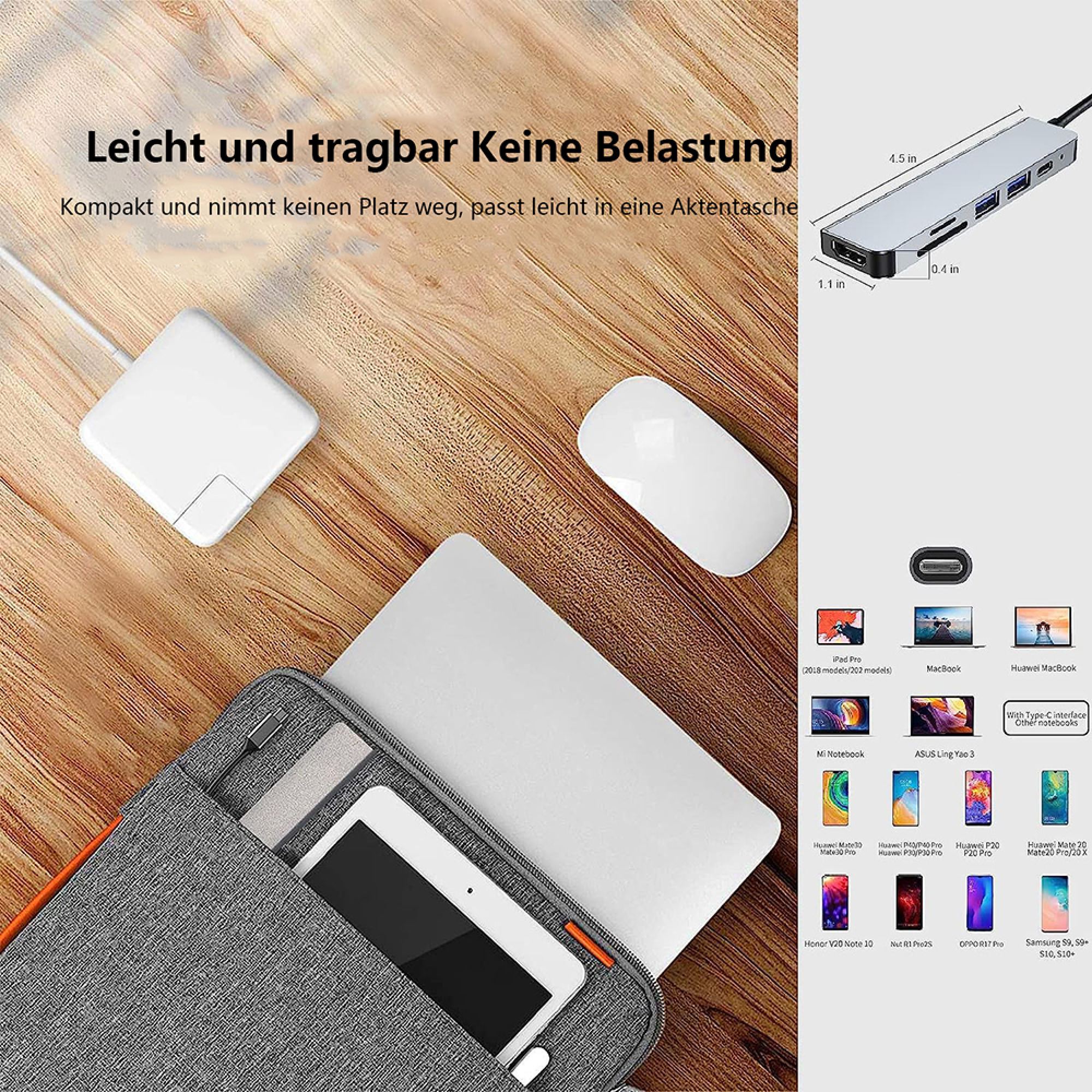 Ein USB-C-Hub liegt neben einem Laptop, Maus und Tablet in einer Tasche.