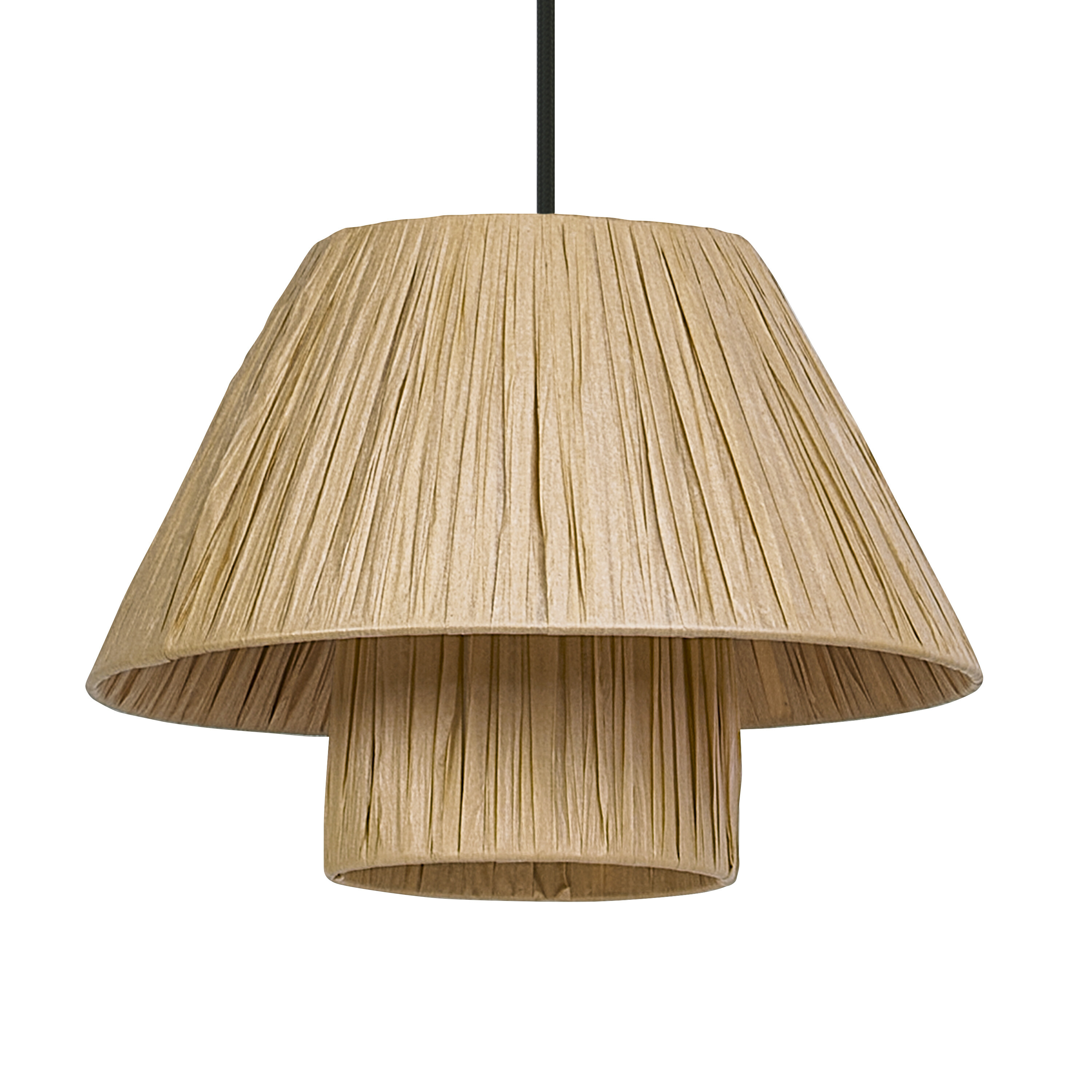Eine zweistufige Hängeleuchte aus beige gefaltetem Stoff mit schwarzem Kabel.