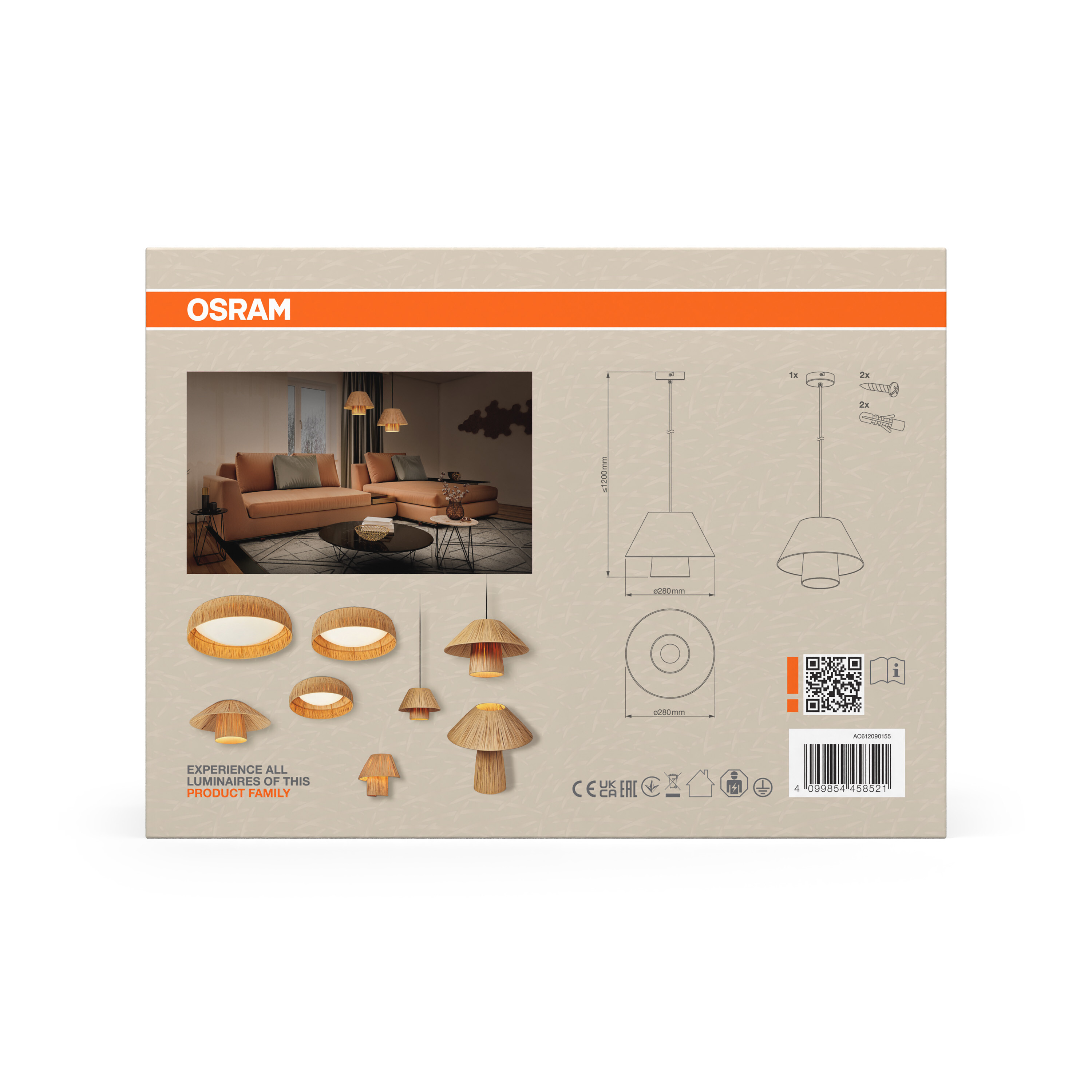 OSRAM-Karton mit Abbildungen von Hängelampen, einer Wohnzimmerszene und Produktabmessungen.