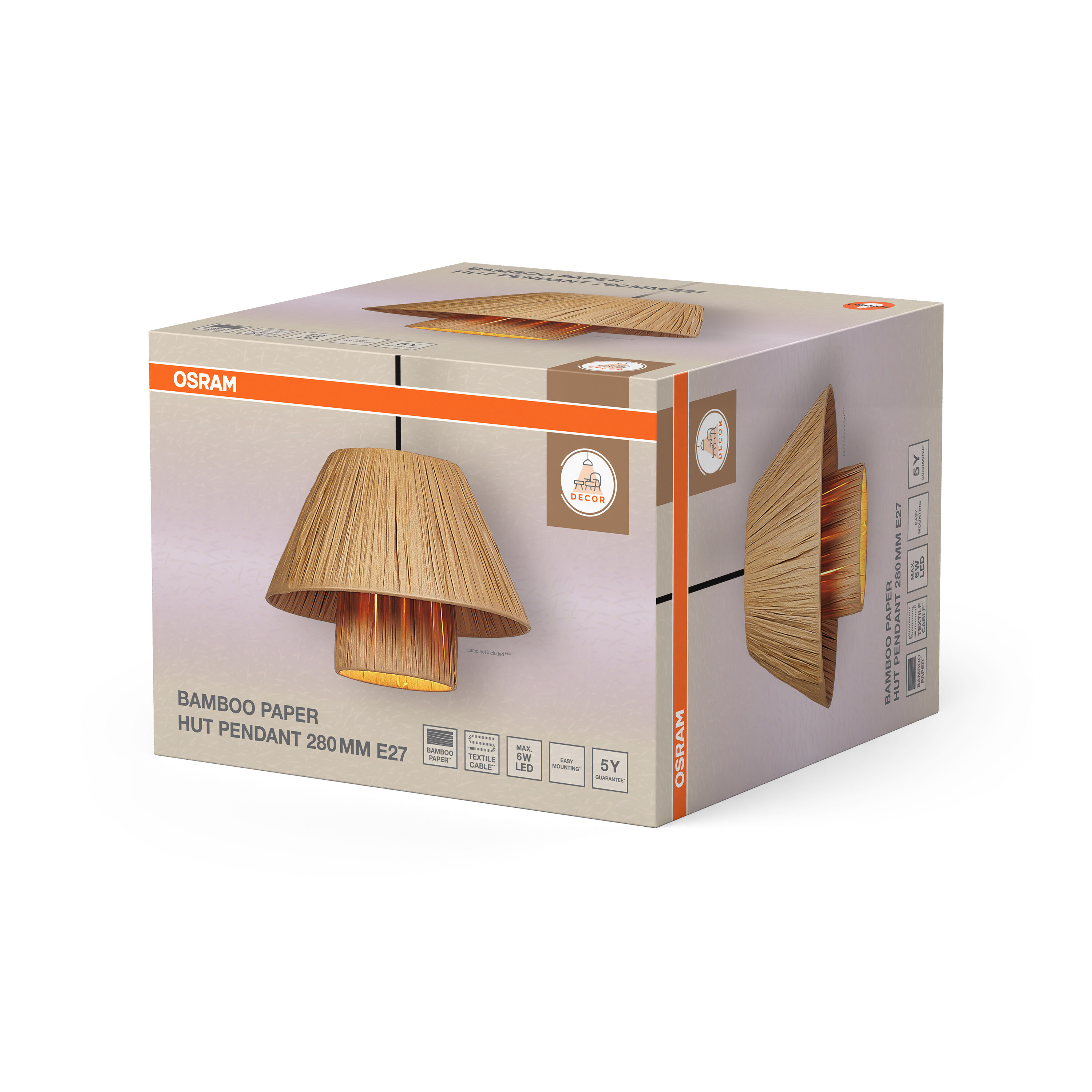 Osram Bambuspapier Hut Pendelleuchte 280mm E27 Box mit Produktabbildung.