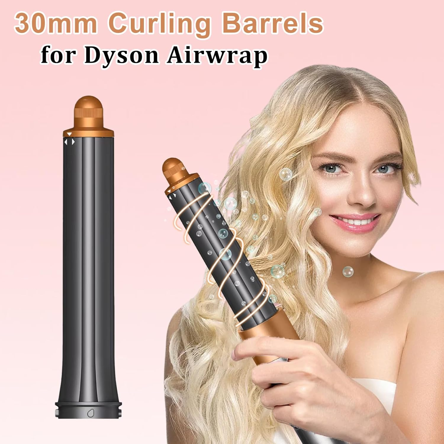 Ein Dyson Airwrap mit 30-mm-Lockenaufsatz und einer Frau mit blonden Haaren.