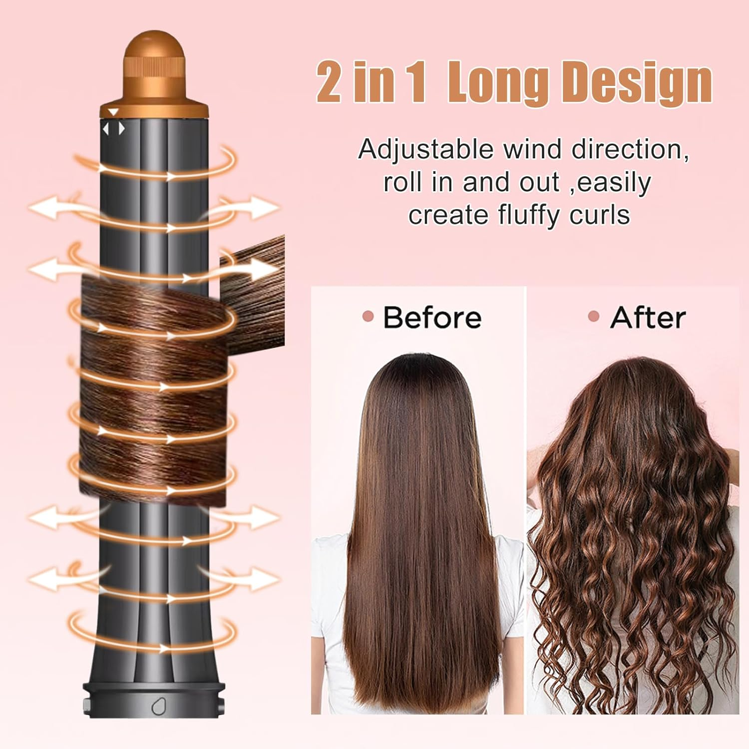 Ein Lockenstab mit zwei Modi zeigt, wie er Haare lockt, vor und nach dem Styling.