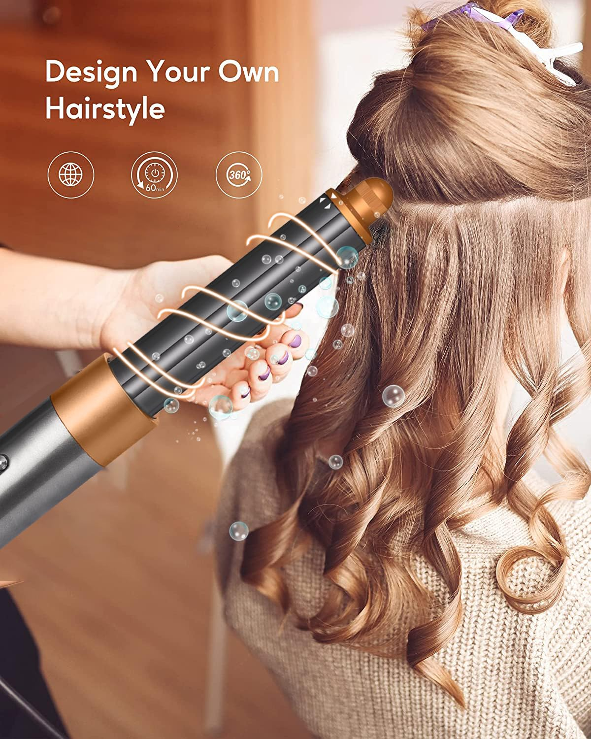 Styling-Gerät lockt Frauenhaare. Text: Gestalte deine Frisur. Icons: Globus, 60 Min., 360°.