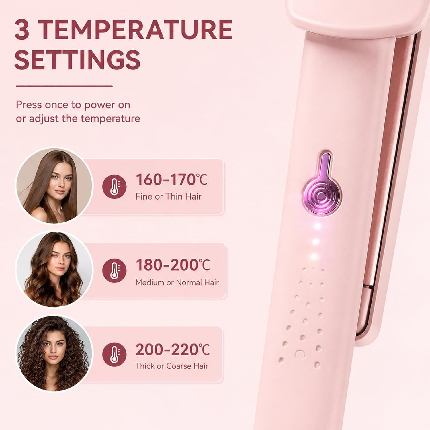 Drei Temperatureinstellungen für verschiedene Haartypen mit einer rosa Haarglättungsmaschine.
