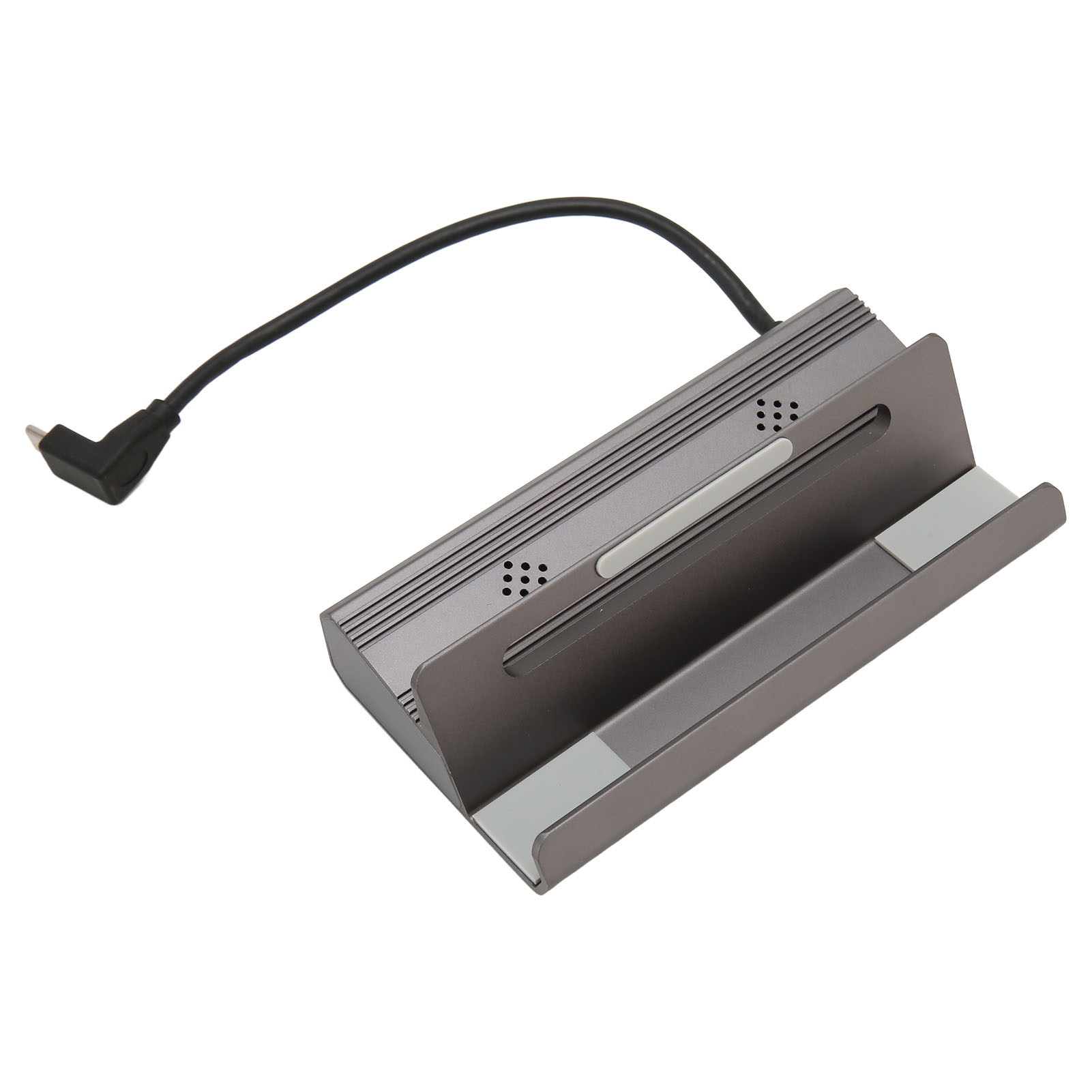 Graues Lade-/Docking-Gerät mit Kabel und USB-C-Stecker, auf weißem Hintergrund.