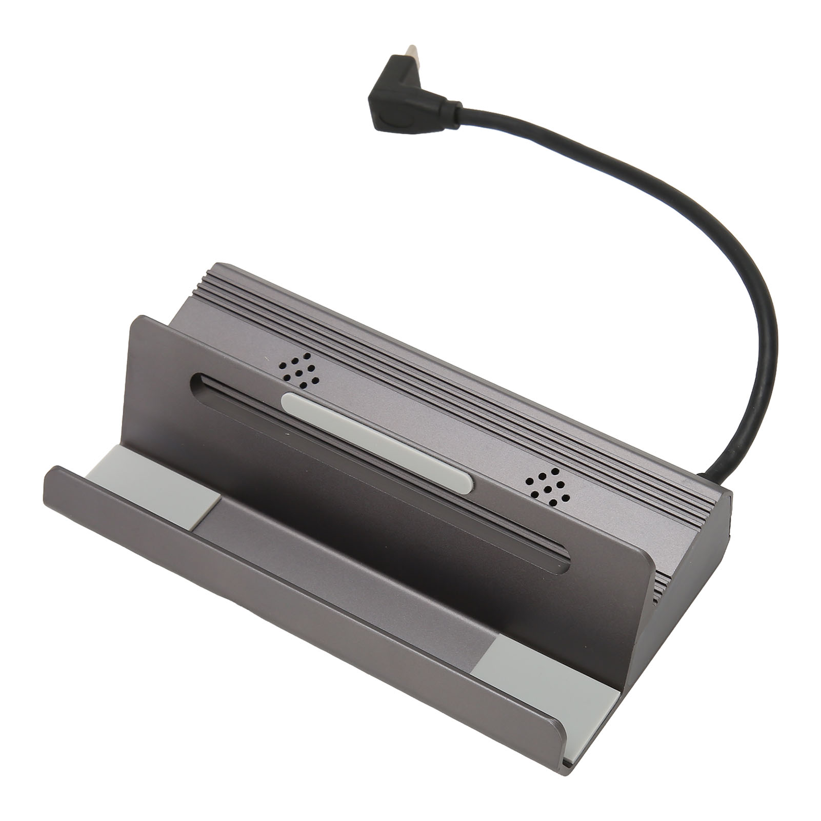 Eine graue Dockingstation mit einem schwarzen abgewinkelten USB-C-Kabel auf weißem Grund.