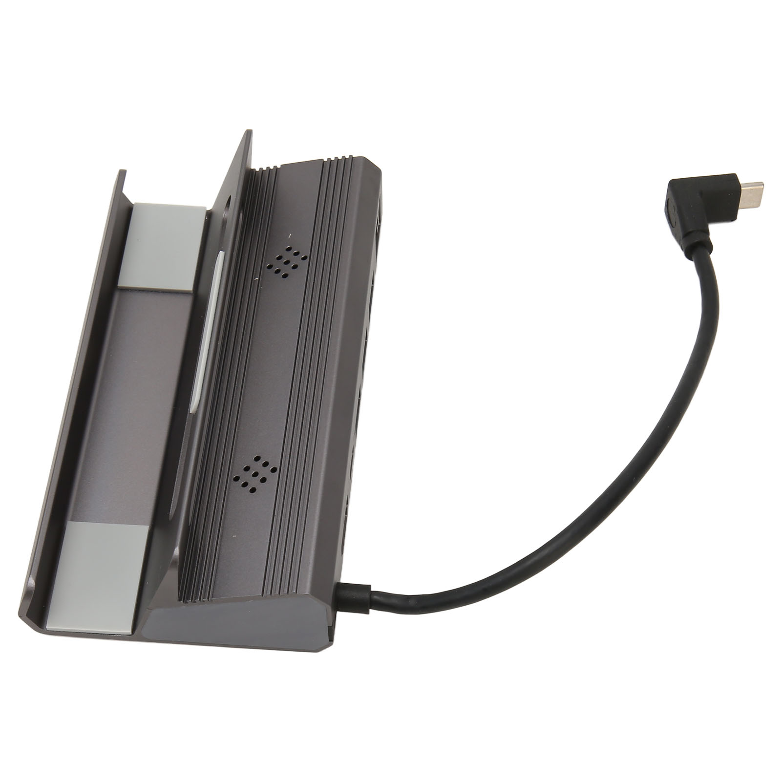 Eine graue Computer-Dockingstation mit schwarzem Kabel und USB-C-Anschluss.