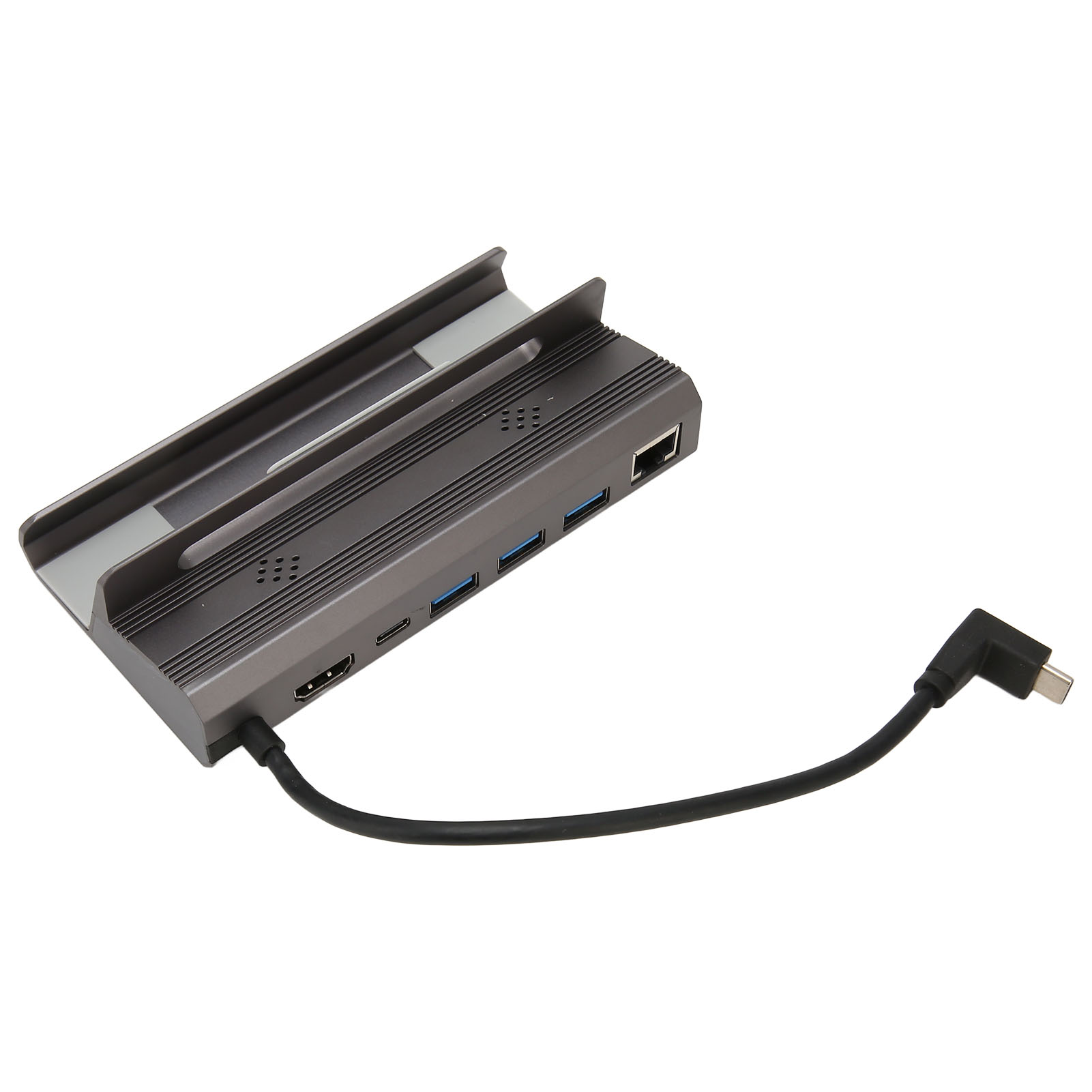Grauer USB-C-Hub mit HDMI, USB-Anschlüssen und Netzwerkkabel.