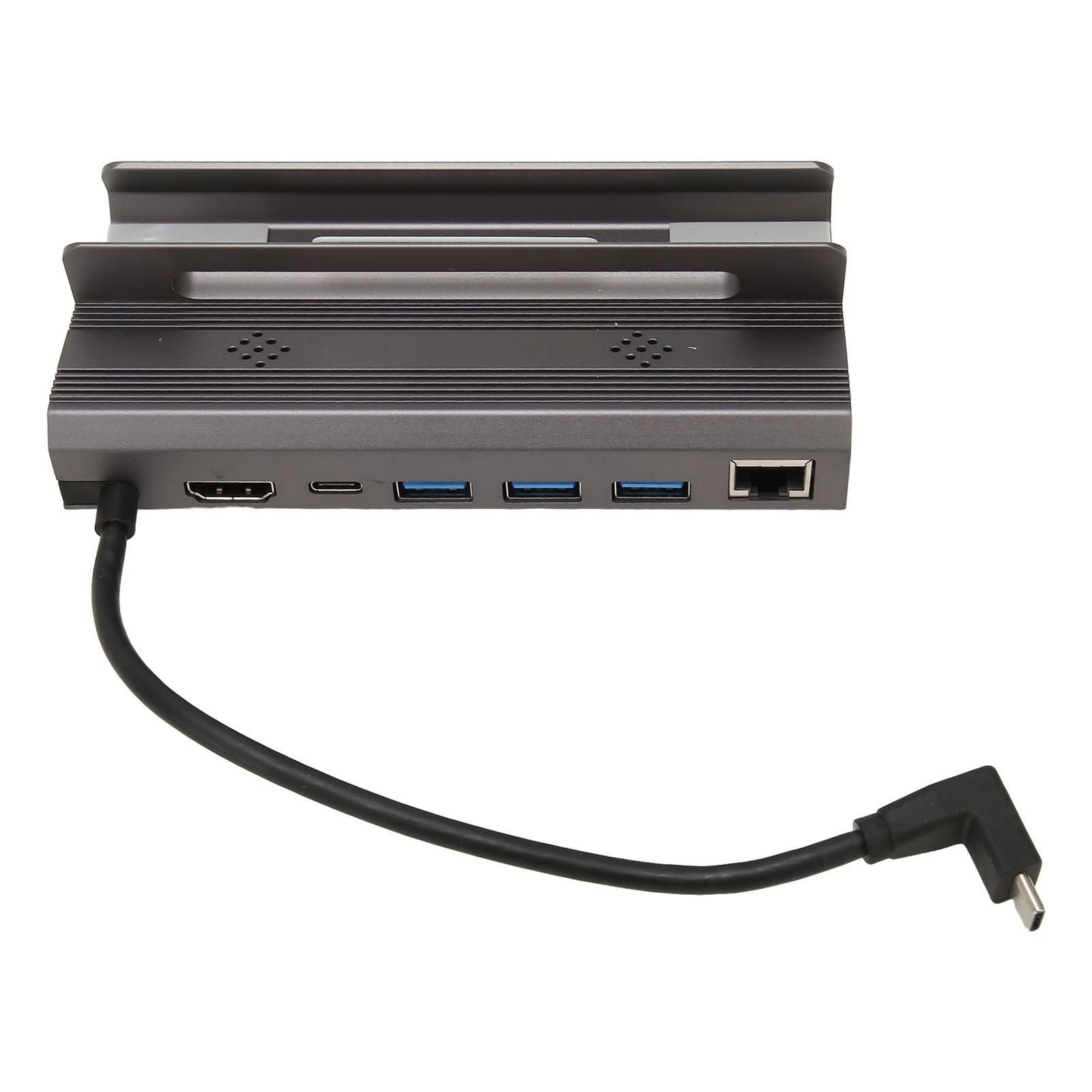 Graue Dockingstation mit HDMI, USB-C, 3 USB-A-Anschlüssen und Ethernet. Schwarzes Kabel.