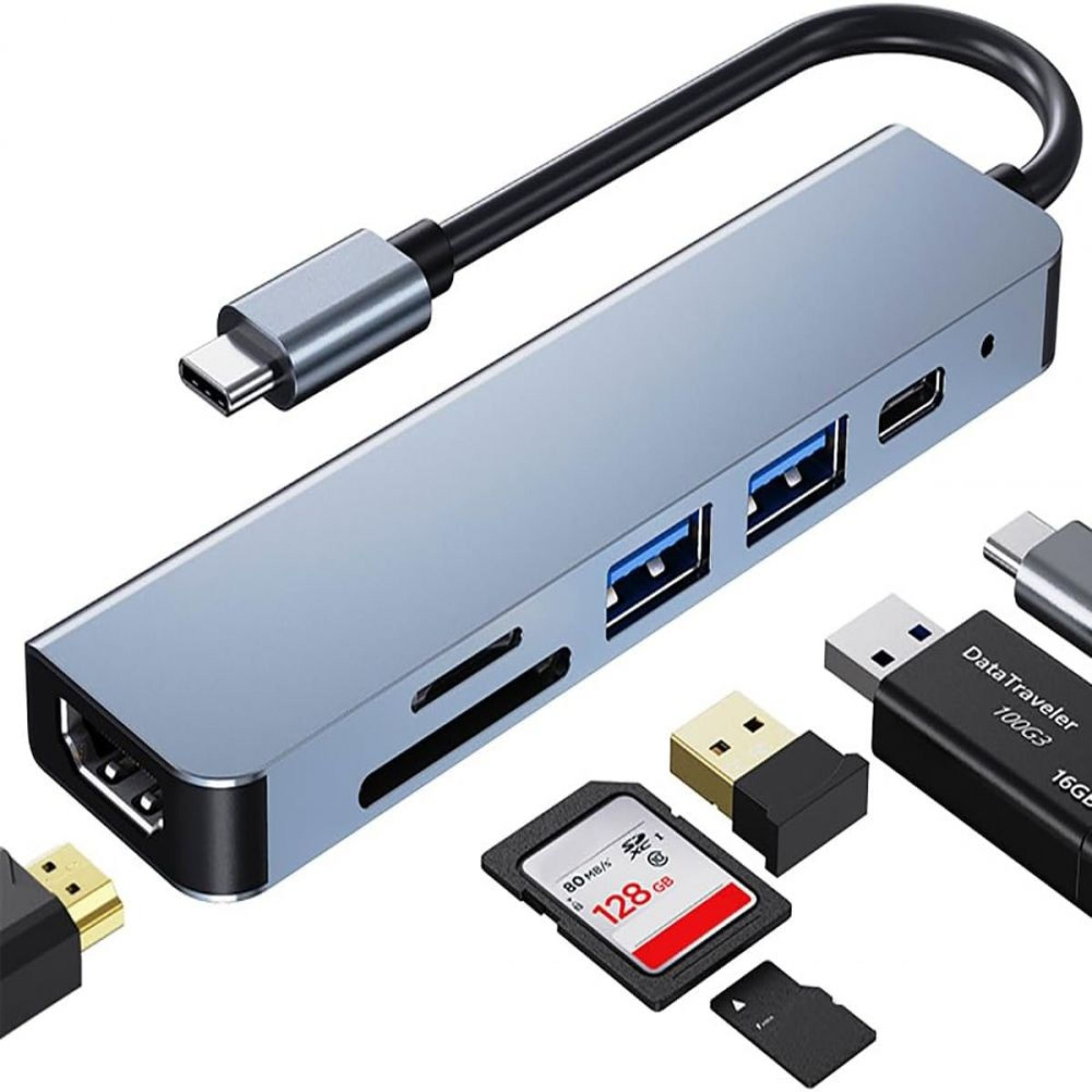 Ein silberner USB-C-Hub mit HDMI-, SD- und microSD-Steckplätzen sowie USB-Anschlüssen.