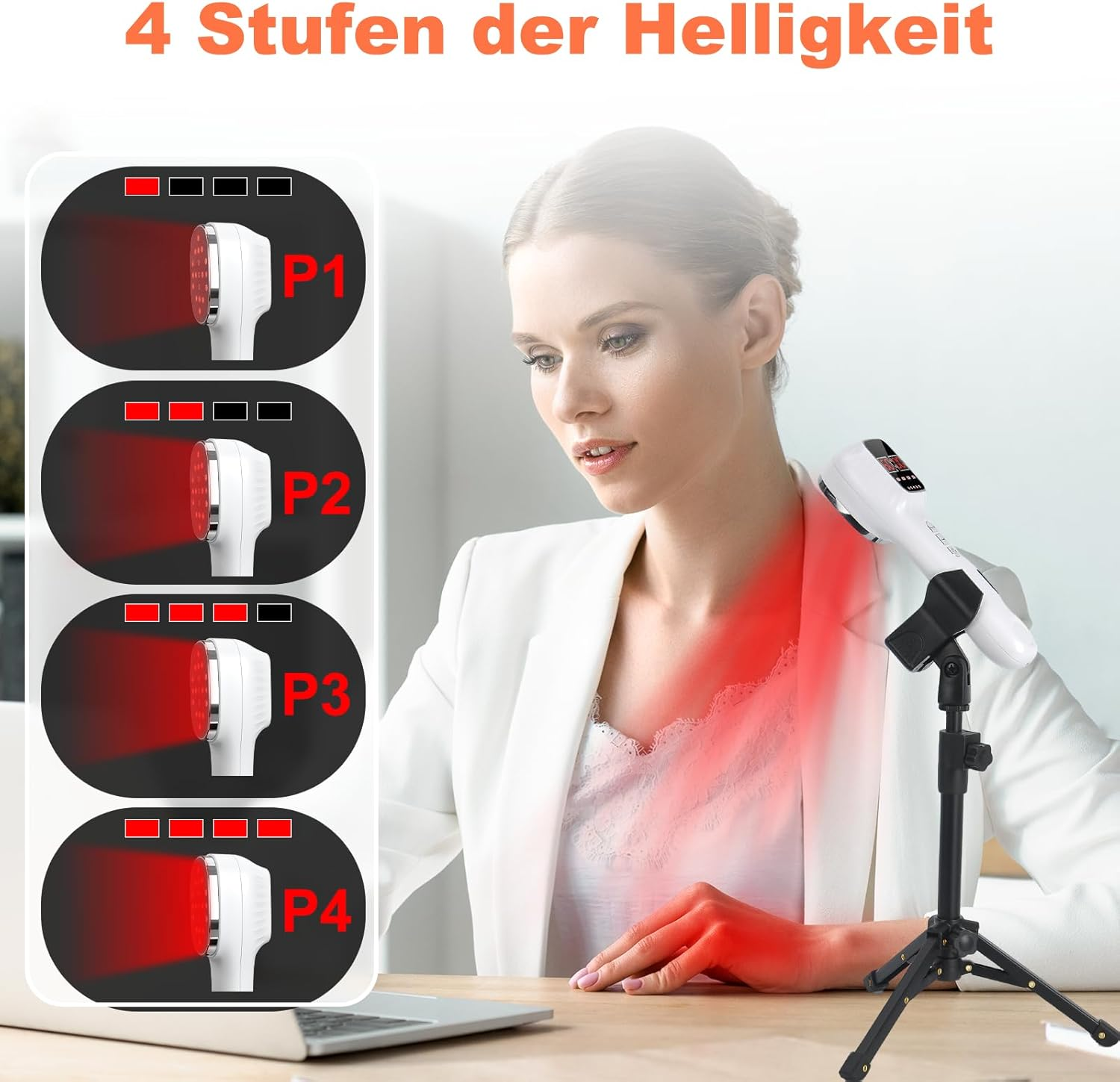 Frau mit weißem Blazer, die ein rotes Lichttherapiegerät benutzt. 4 Helligkeitsstufen.