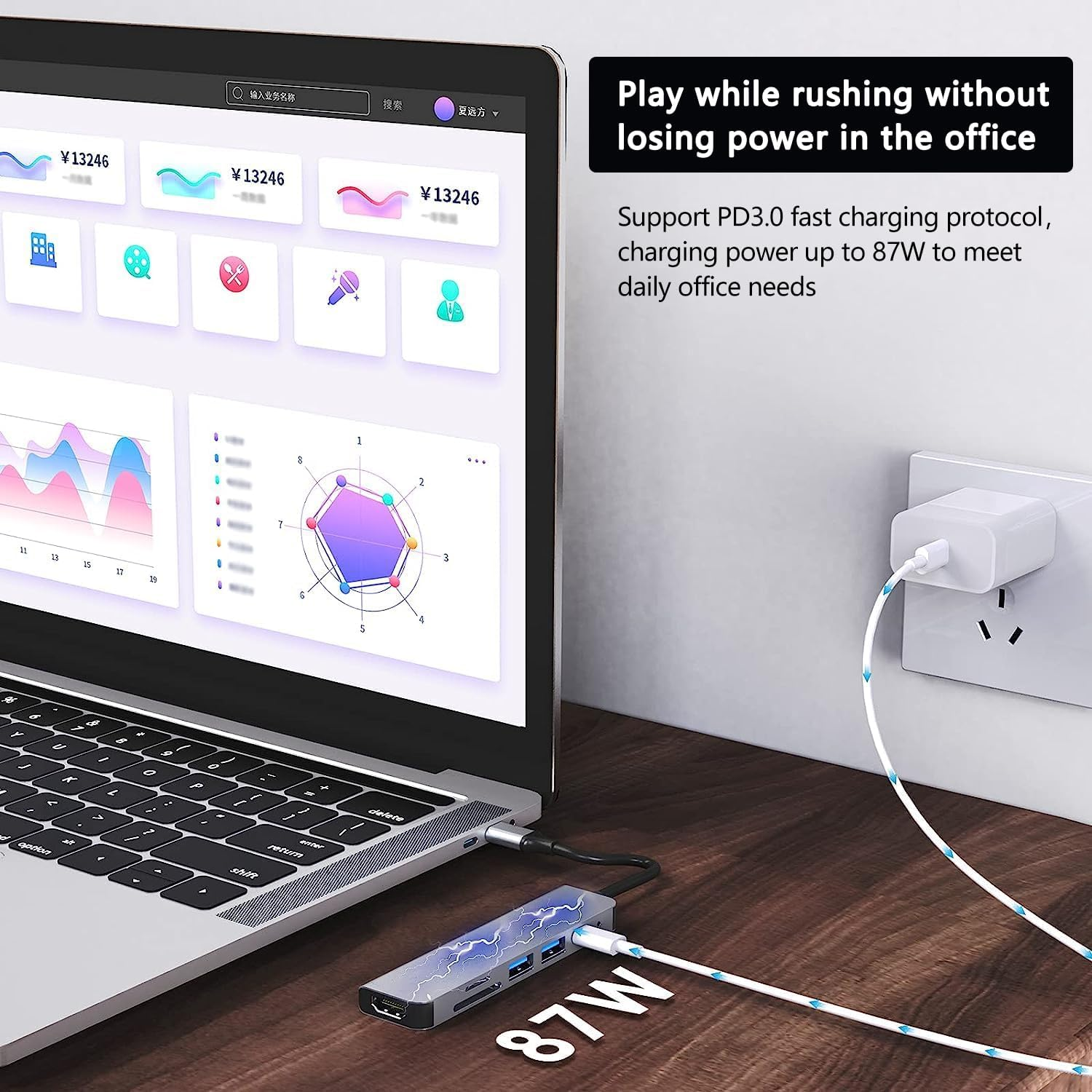 Ein Laptop mit einem USB-C-Hub, der an ein Ladegerät angeschlossen ist. Anzeige zeigt Daten.