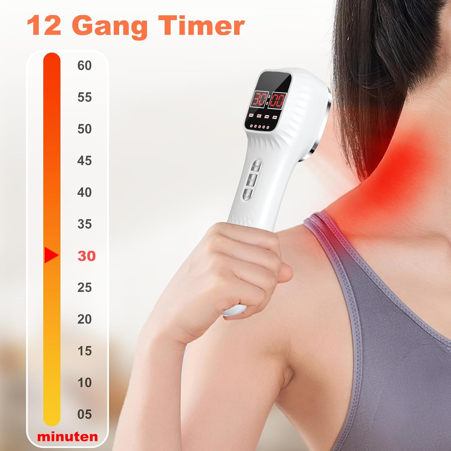 Ein weißes Massagegerät wird auf den Nacken einer Person angewendet, mit einem Timer und einer Skala.