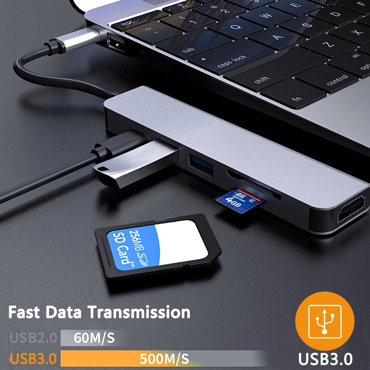 Ein USB-C-Hub ist an einen Laptop angeschlossen und zeigt SD-Karten und einen USB-Stick an.