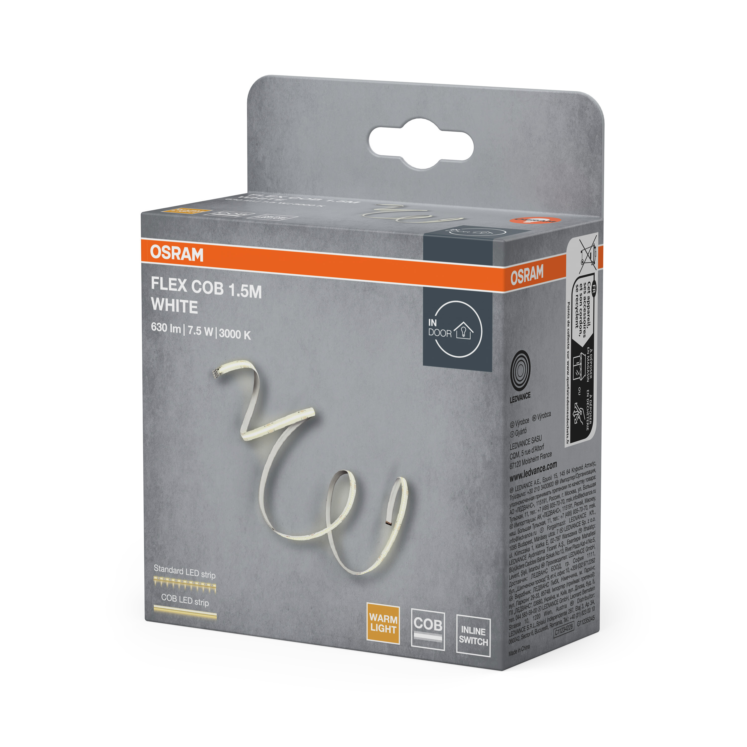 Verpackung einer OSRAM 1,5m Flex COB LED-Leiste in Weiß mit Informationen.