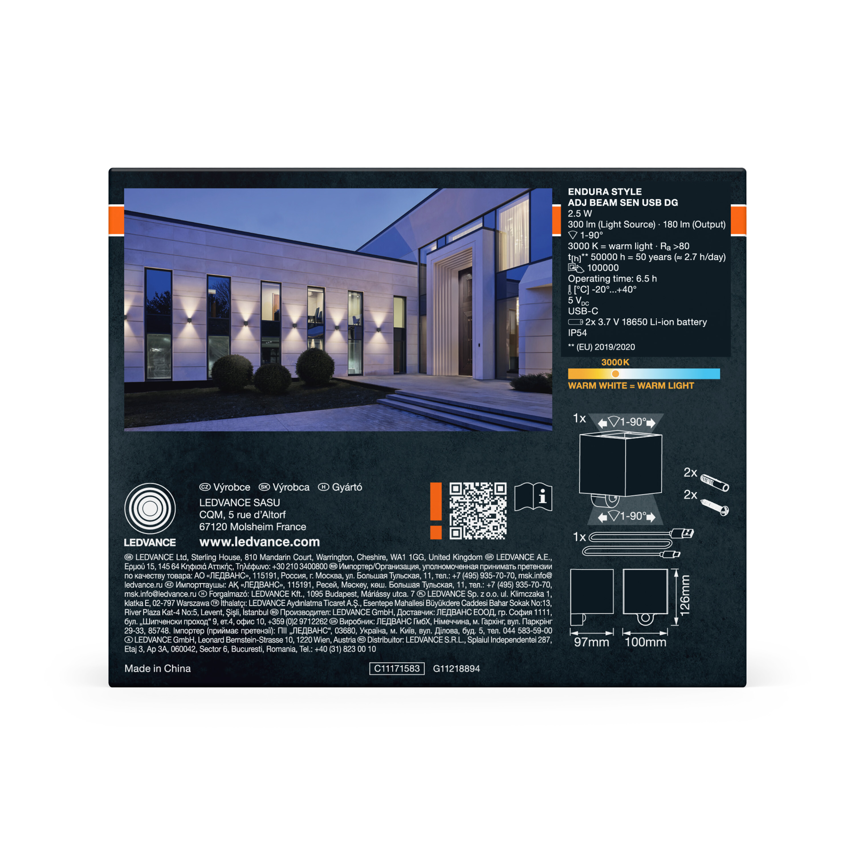 Moderne Fassade mit Wandleuchten, die warmes Licht ausstrahlen. Technische Details.