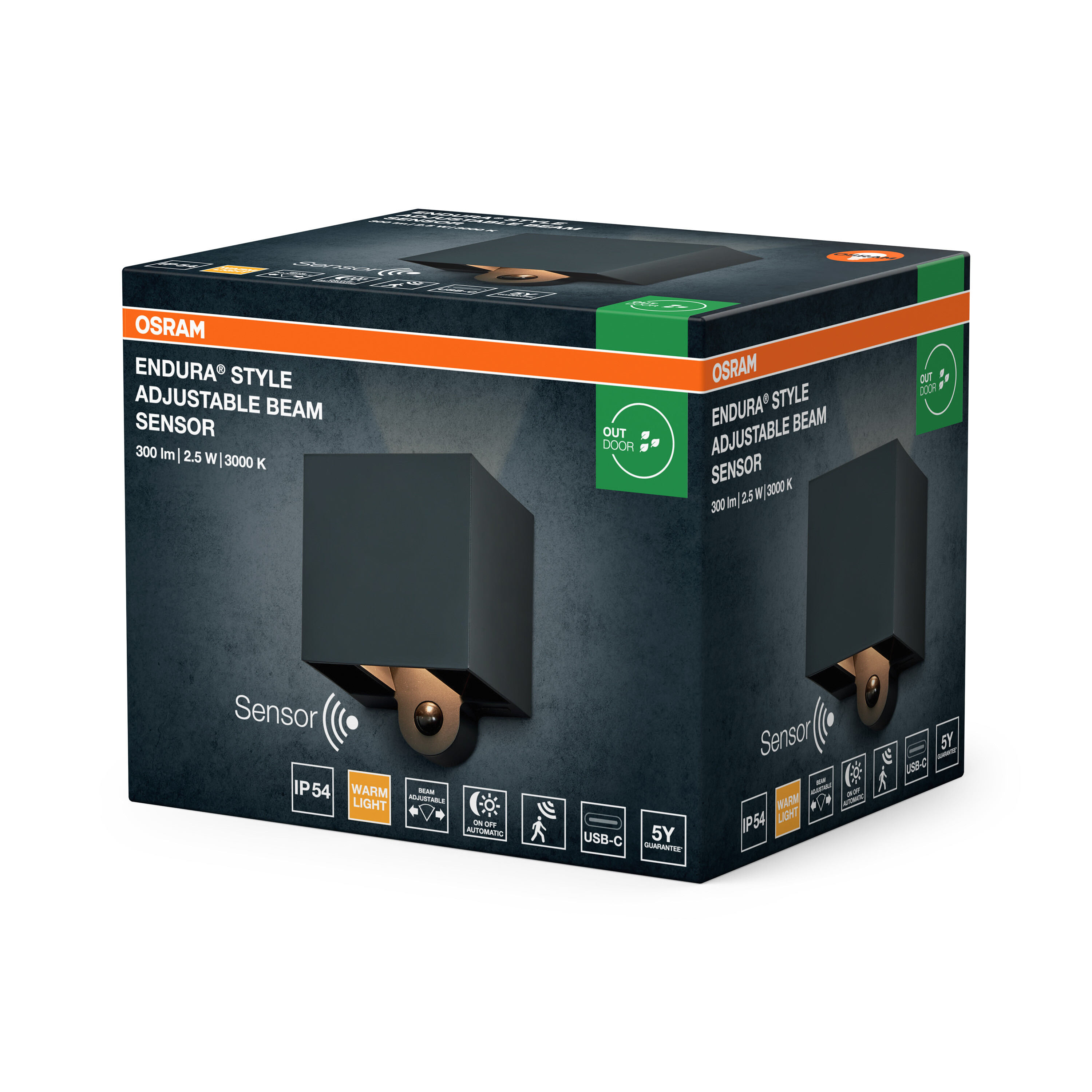 Verpackung eines Osram Endura Style verstellbaren Strahlsensors mit Funktionen.