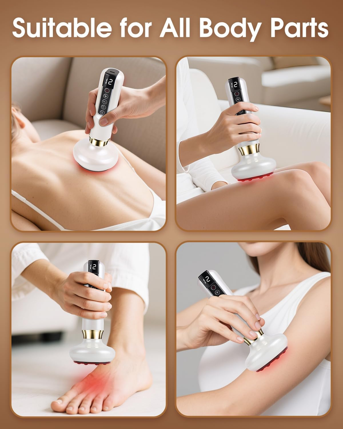 Massagegerät an Rücken, Bein, Fuß und Arm.