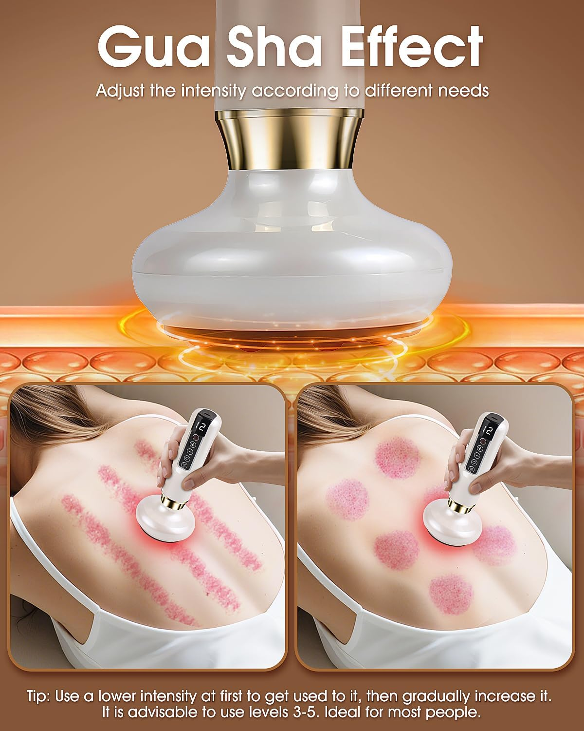 Ein Gerät zur Gua Sha Massage auf dem Rücken einer Person. Es zeigt Streifen und Kreise.