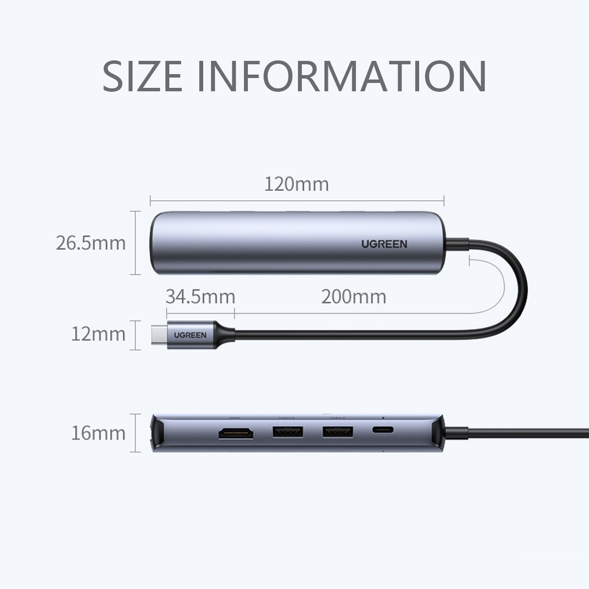 Maße eines USB-C-Hubs: 120x26,5mm, 34,5mm und 200mm Kabellänge, 12mm und 16mm Dicke.