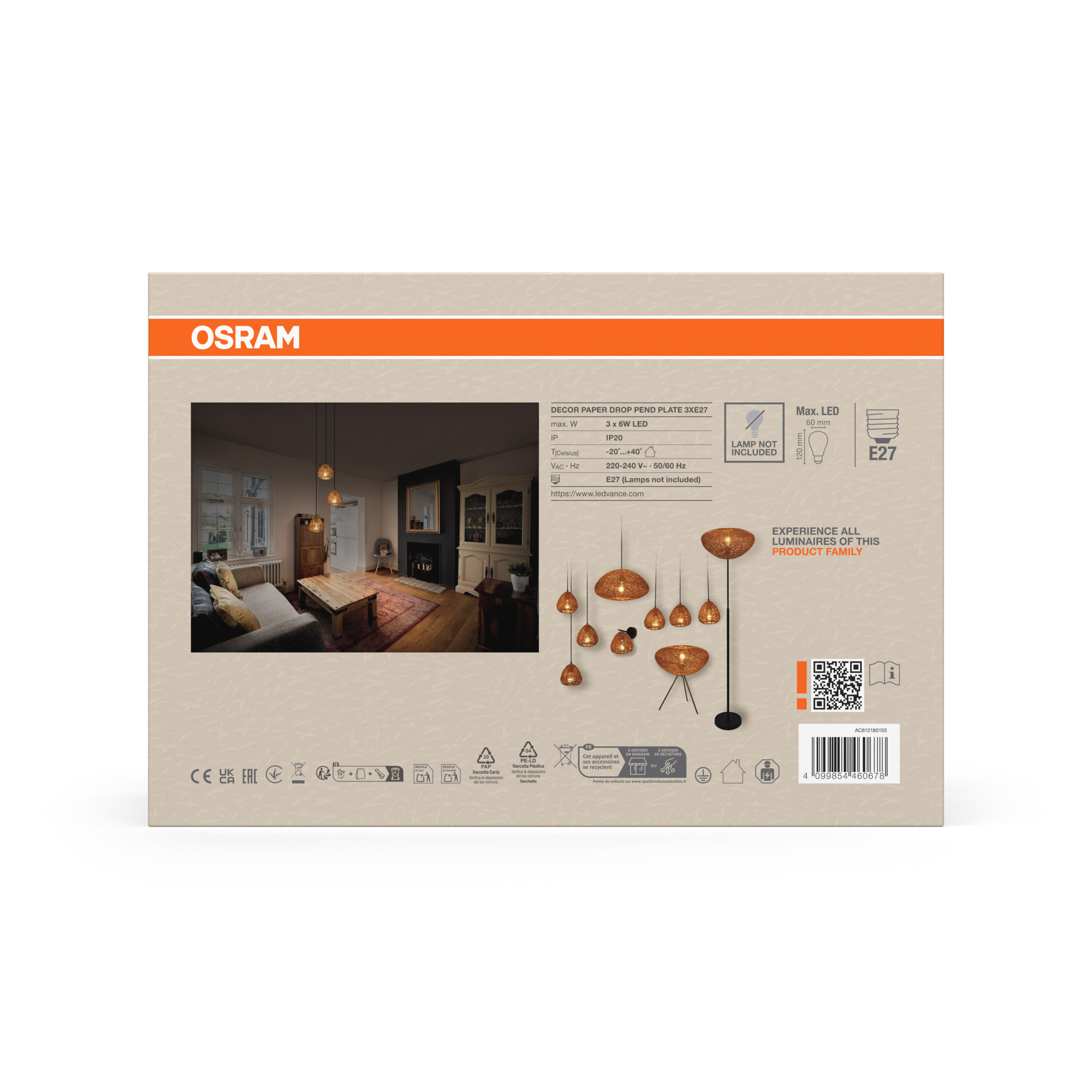 OSRAM Verpackung zeigt Wohnzimmer und Lampen. Enthält Produktinfos.