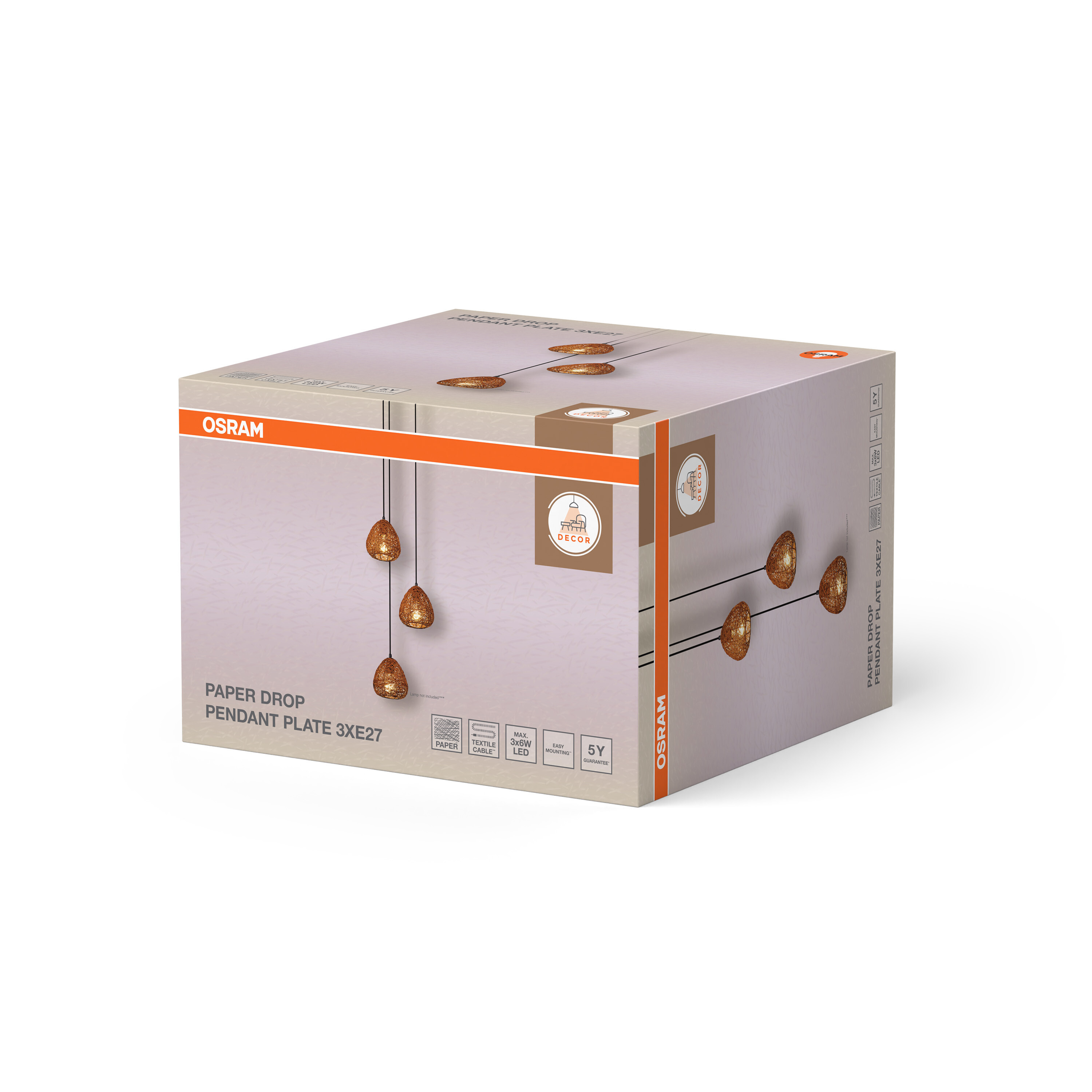 OSRAM Paper Drop Pendelleuchte 3x E27 Verpackung mit Produktbildern.